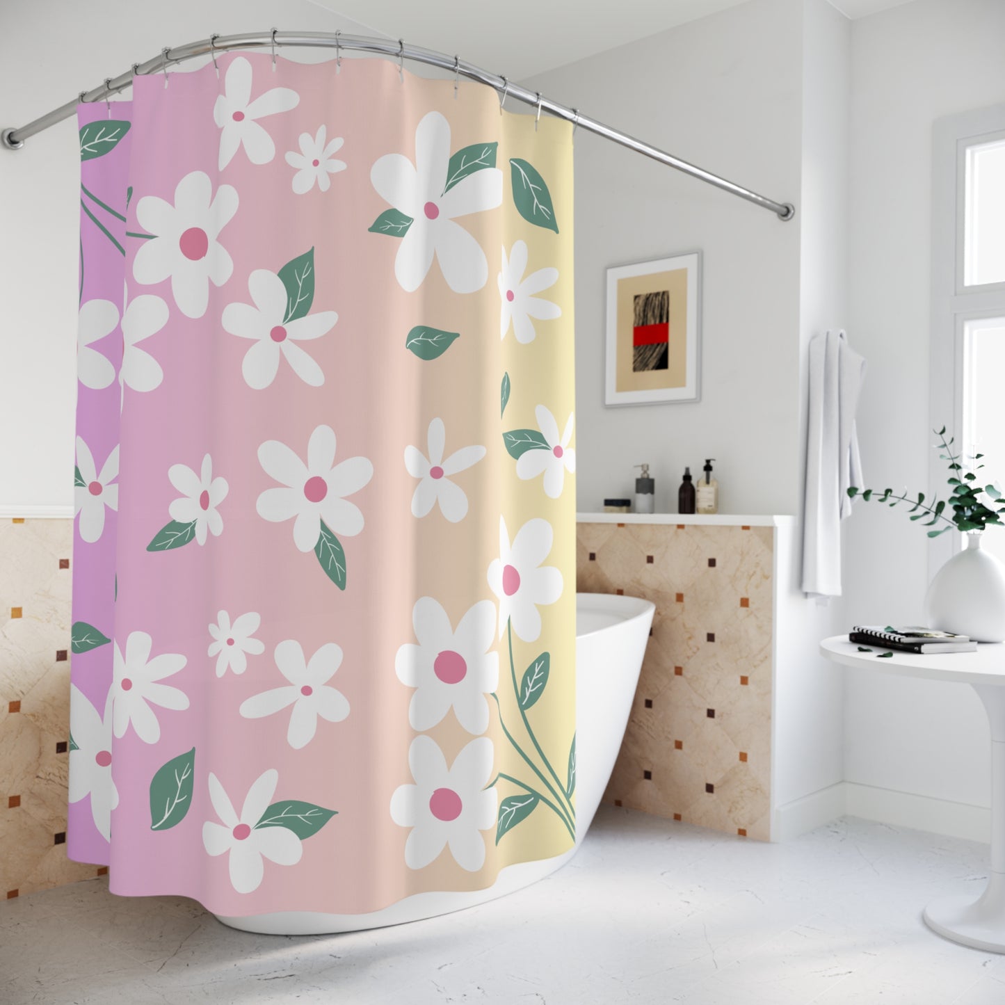 Floral Ditsy Shower Curtain — Pastel Daisies Bathroom Decor