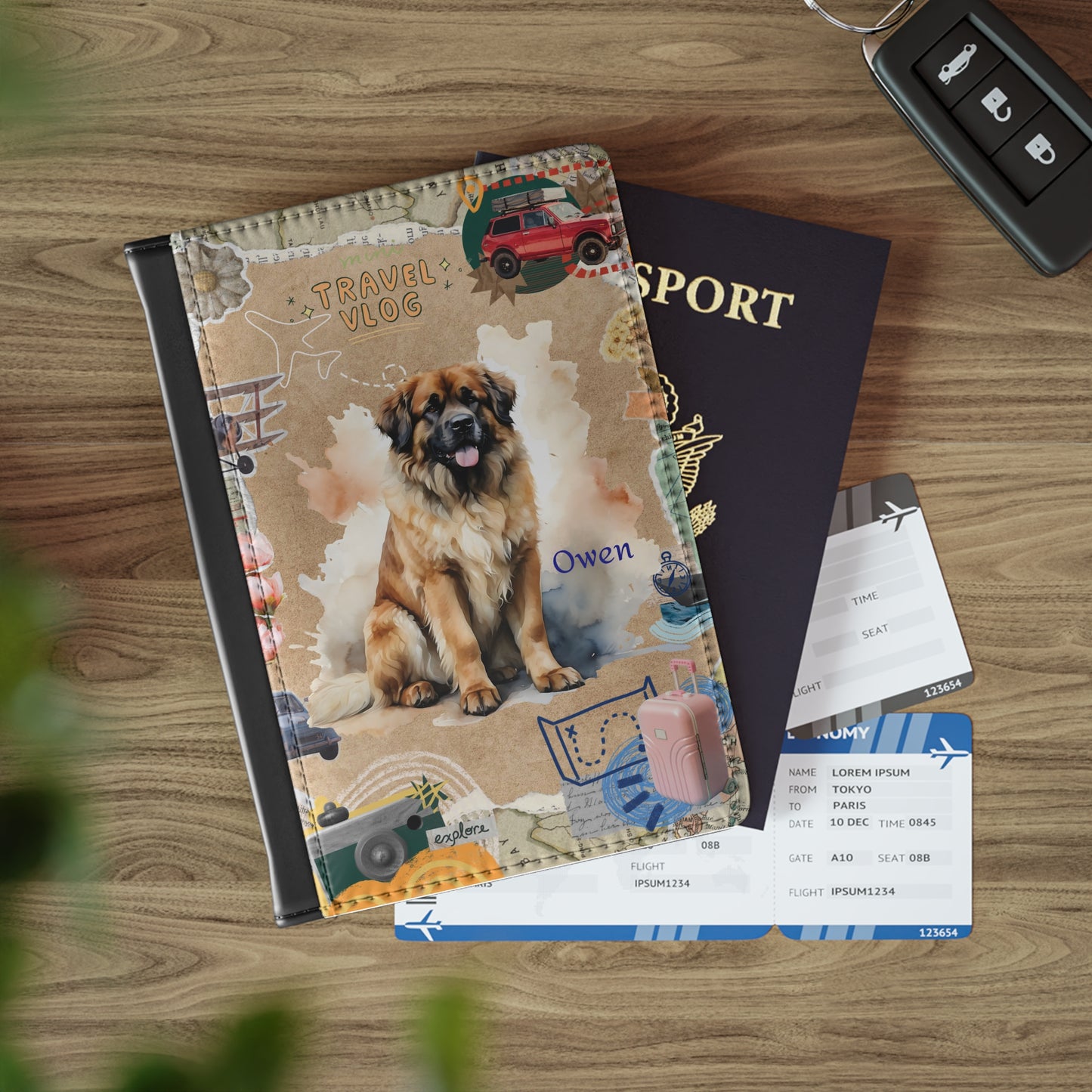 Personalized Dog Travel Passport Cover — Custom Name Leonberger Design