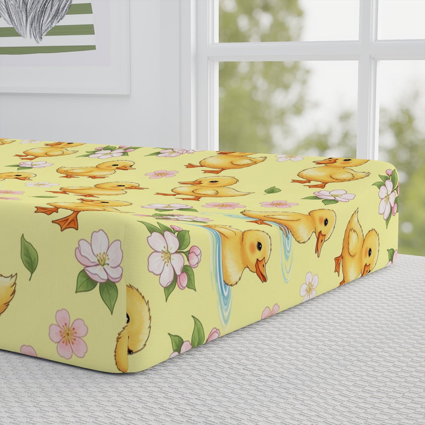 Changing Pad Cover — Cute Yellow Ducklings Floral Waterproof Baby Nursery