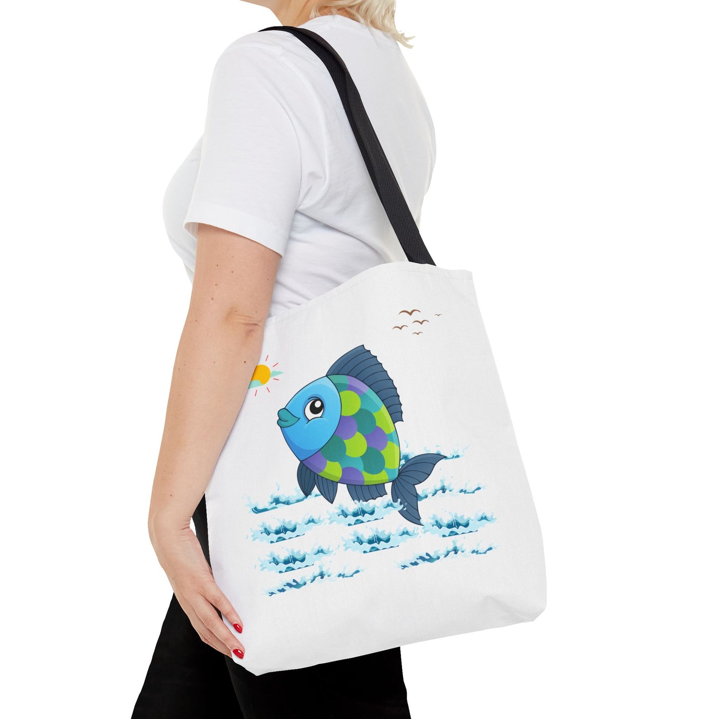 Fish with a sun and birds in the sky above water Tote Bag