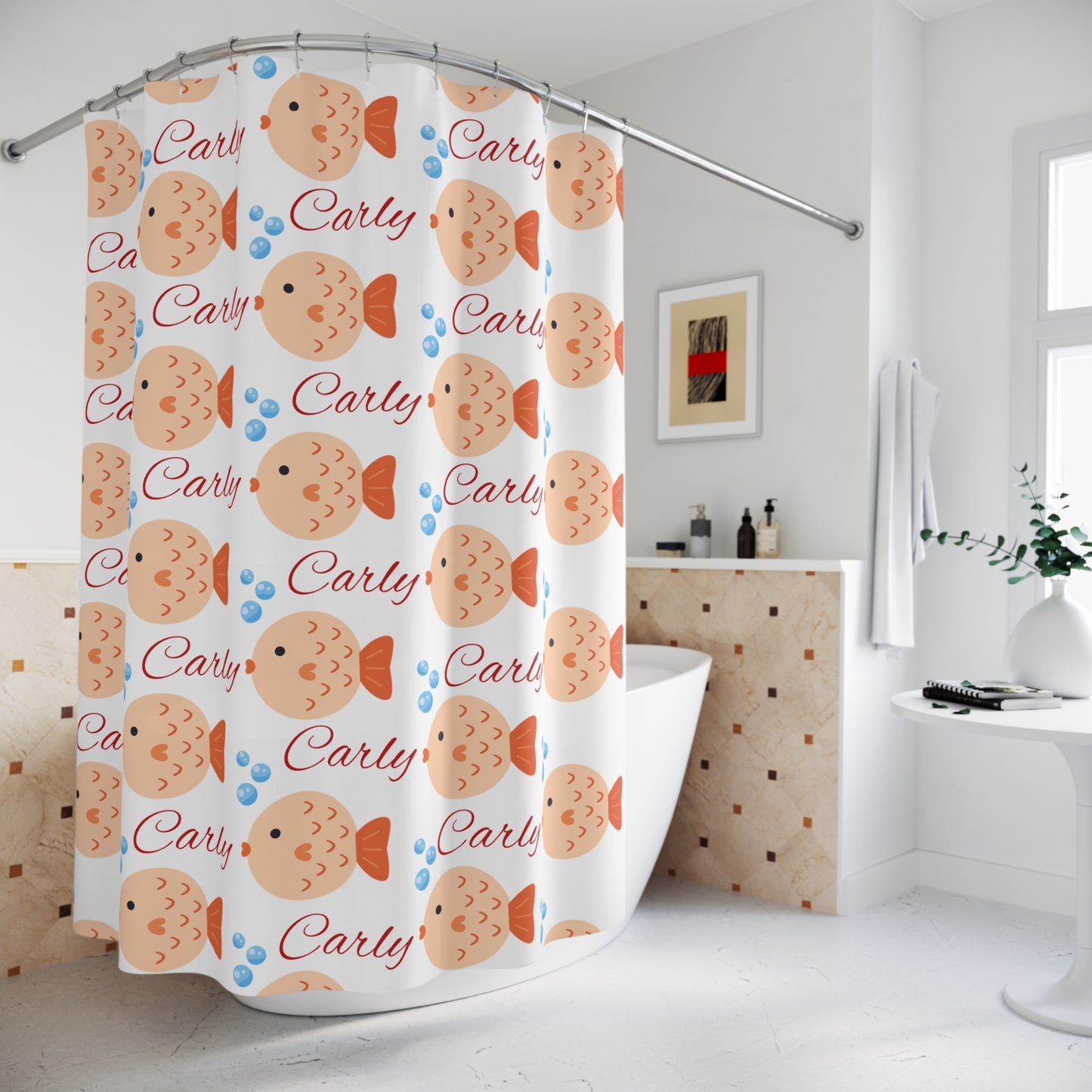 Personalized 'Carly' Fish Shower Curtain — Cute Pufferfish Pattern