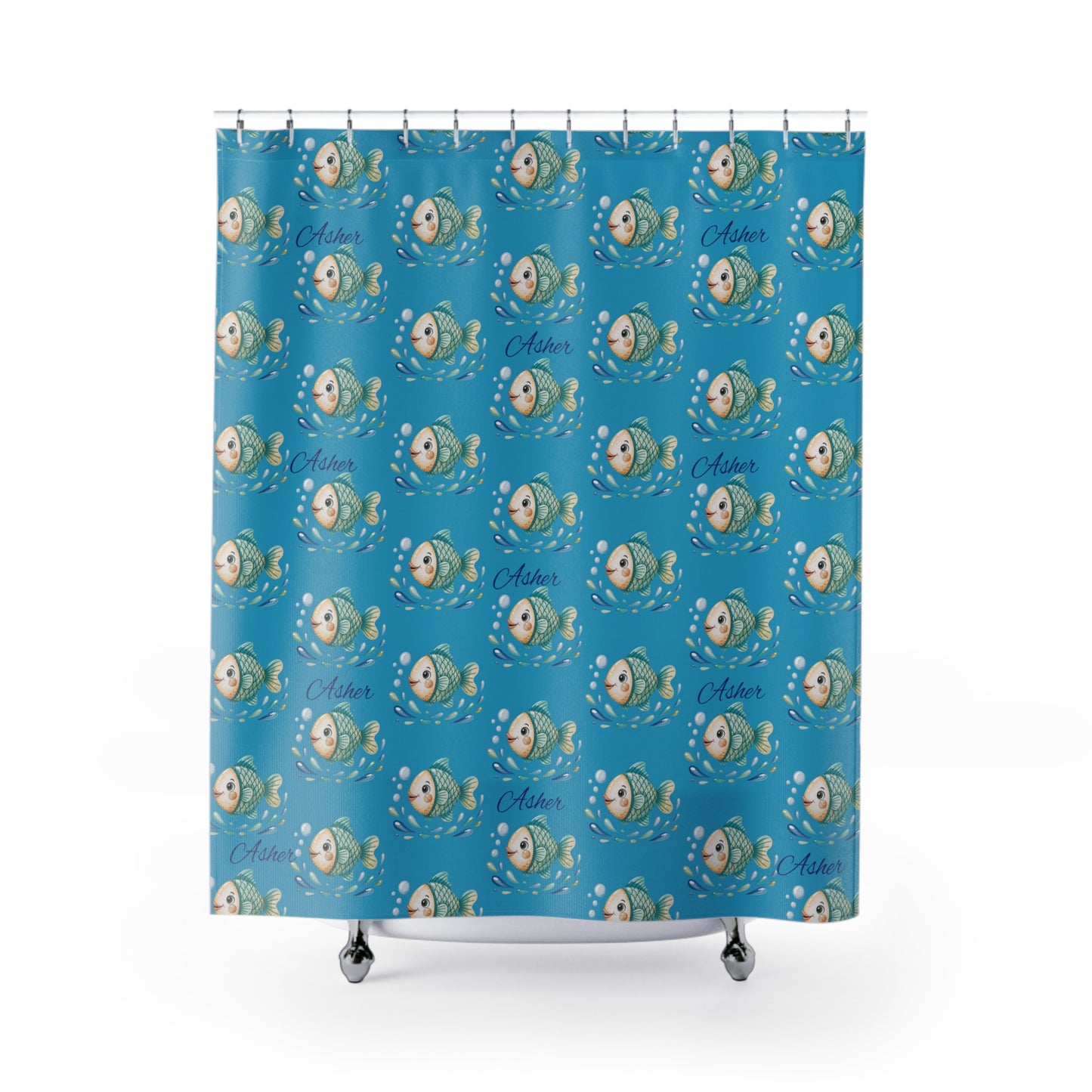 Fish Pattern Shower Curtain — Personalized "Asher" Blue Kids Bathroom Decor