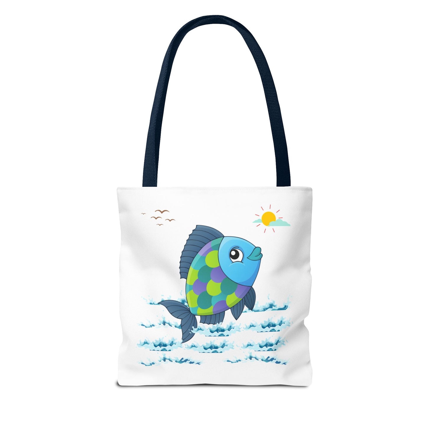 Fish with a sun and birds in the sky above water Tote Bag