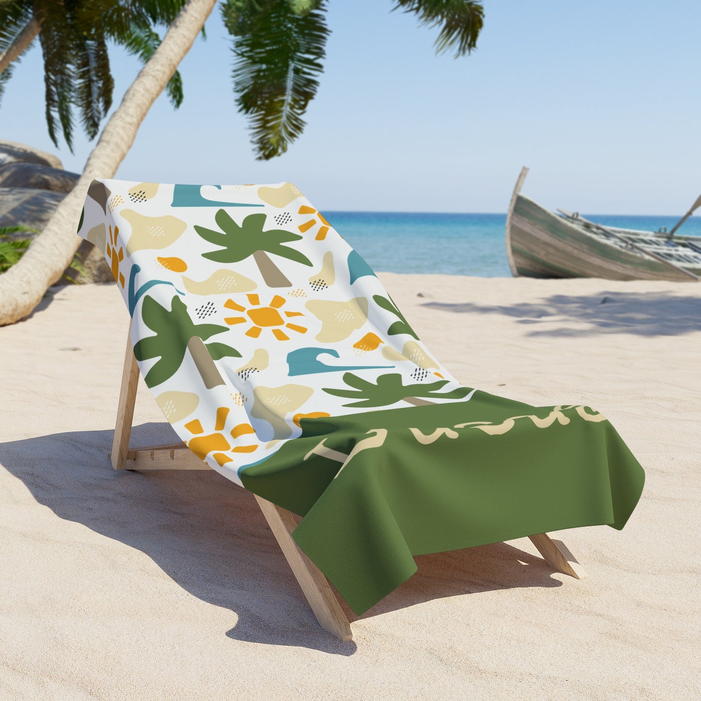 Personalized Tropical Beach Towel — Custom Name Lucas, Palm Tree & Sun Pattern