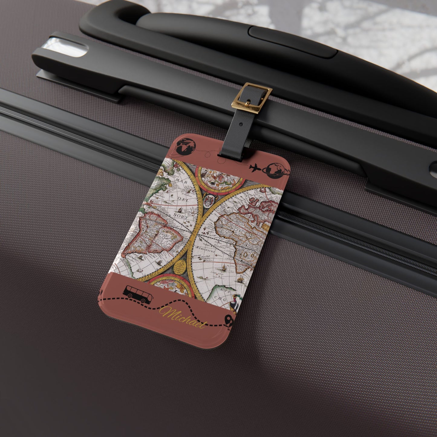 Vintage World Map Luggage Tag — Personalized Travel ID