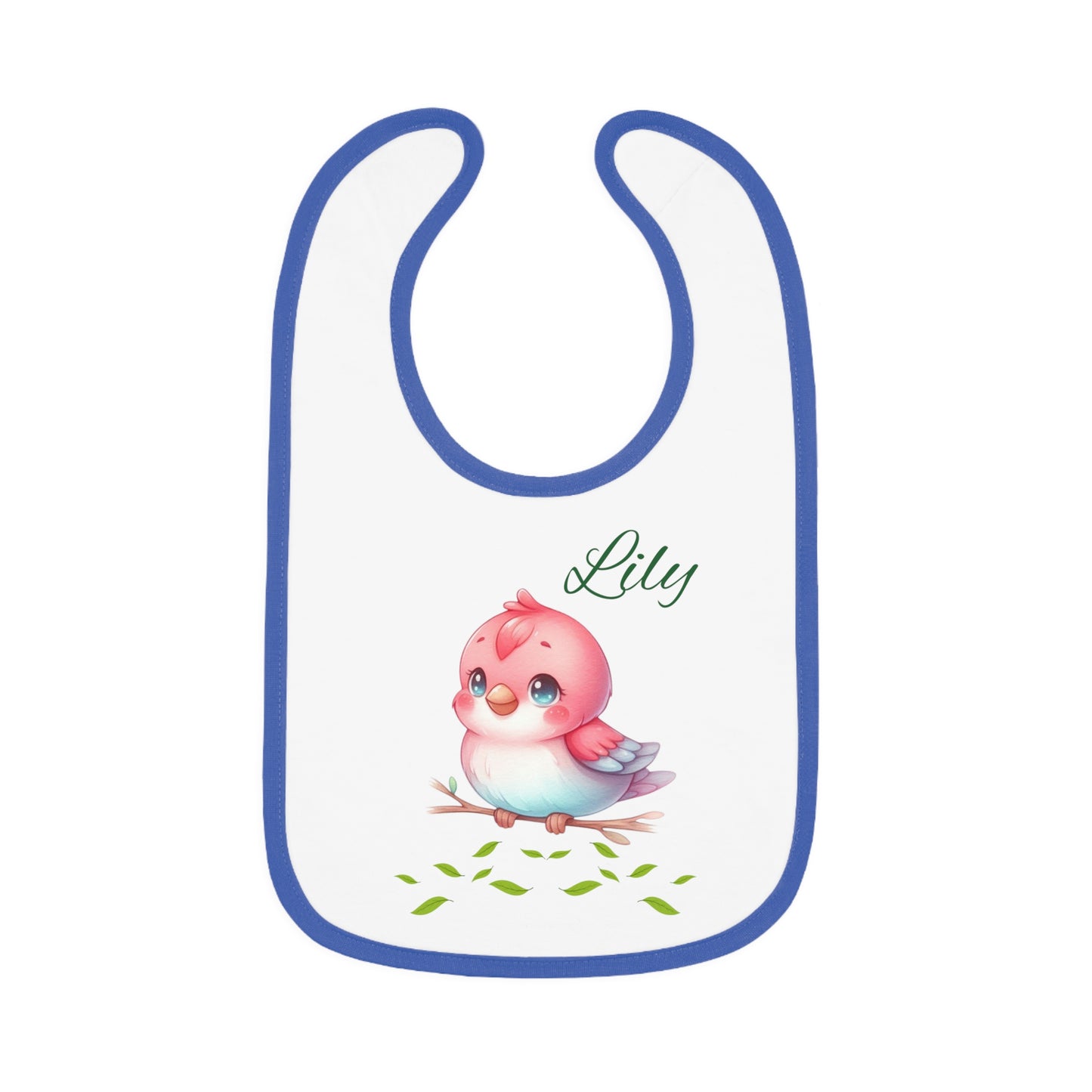 Personalized Baby Bib — Cute Pink Bird with Name (Lily) | Contrast Trim Jersey Bib