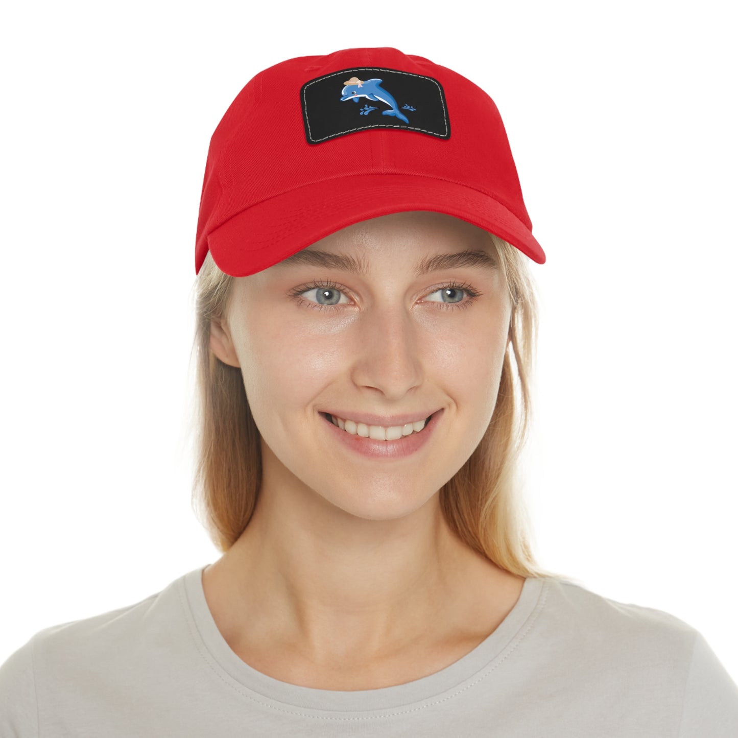 DDolphin wearing a straw hat with stylized water splashes ad Hat with Leather Patch (Rectangle)