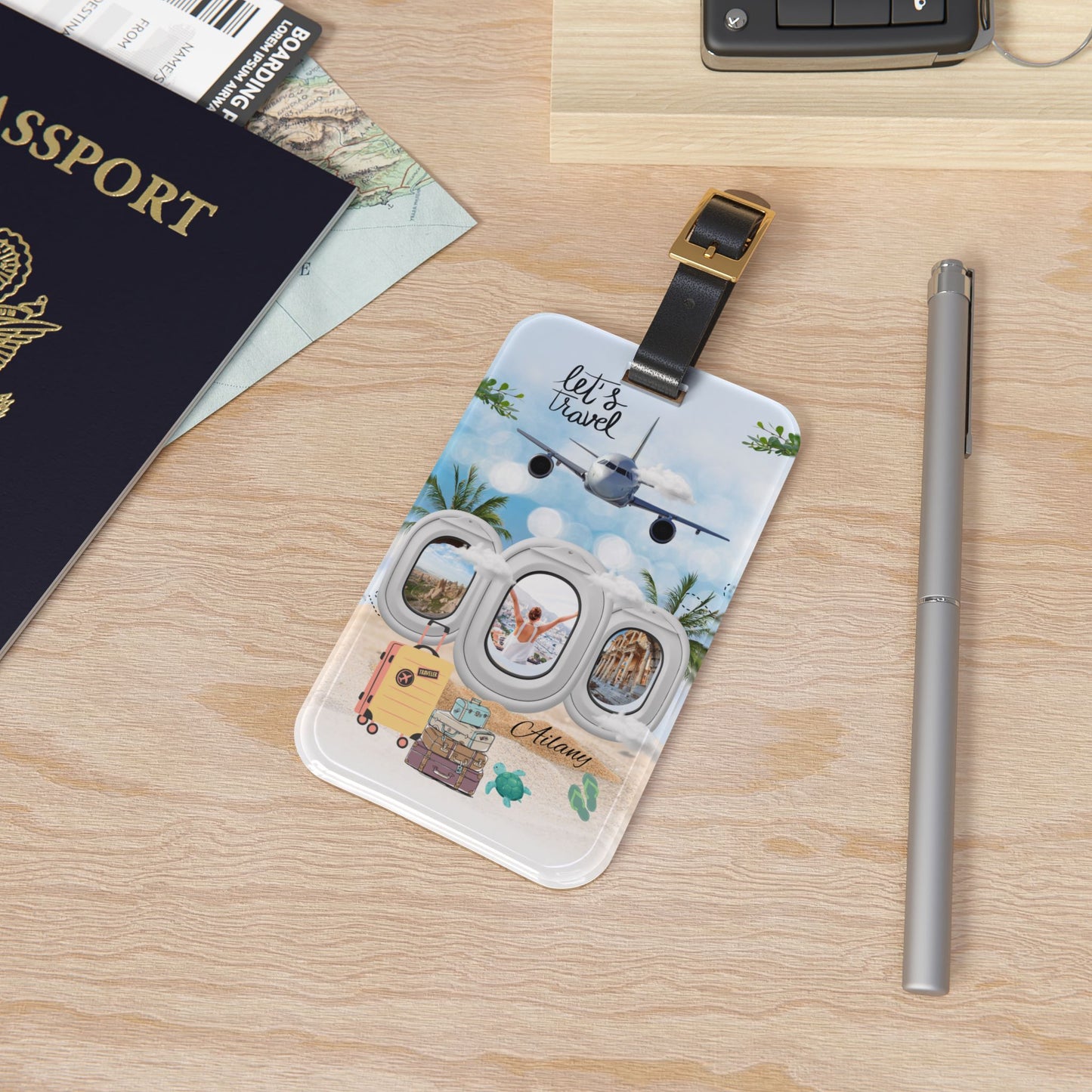 Let's Travel Luggage Tag — Tropical Airplane Window Design