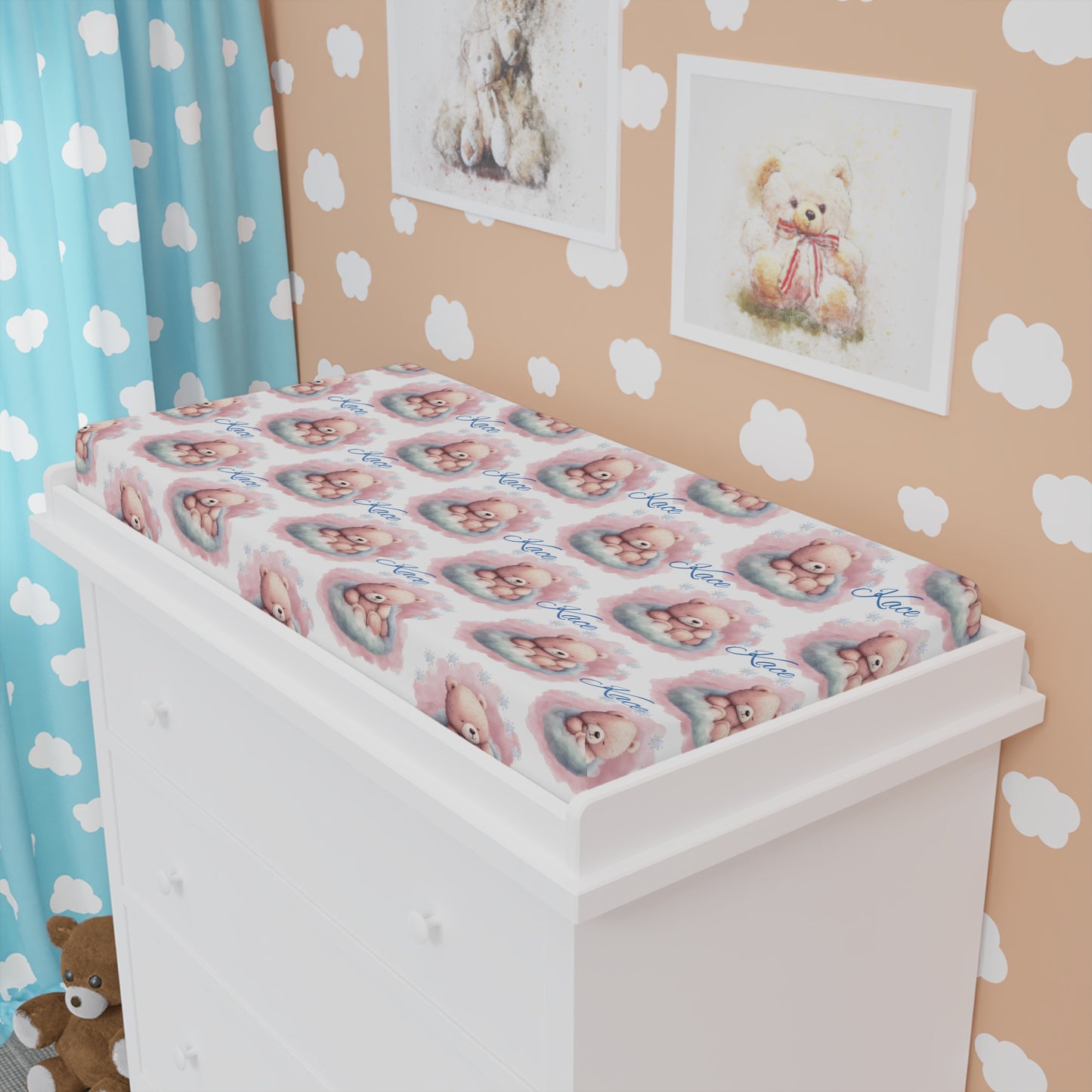 Changing Pad Cover — Pink Watercolor Teddy Bear "Love" Pattern