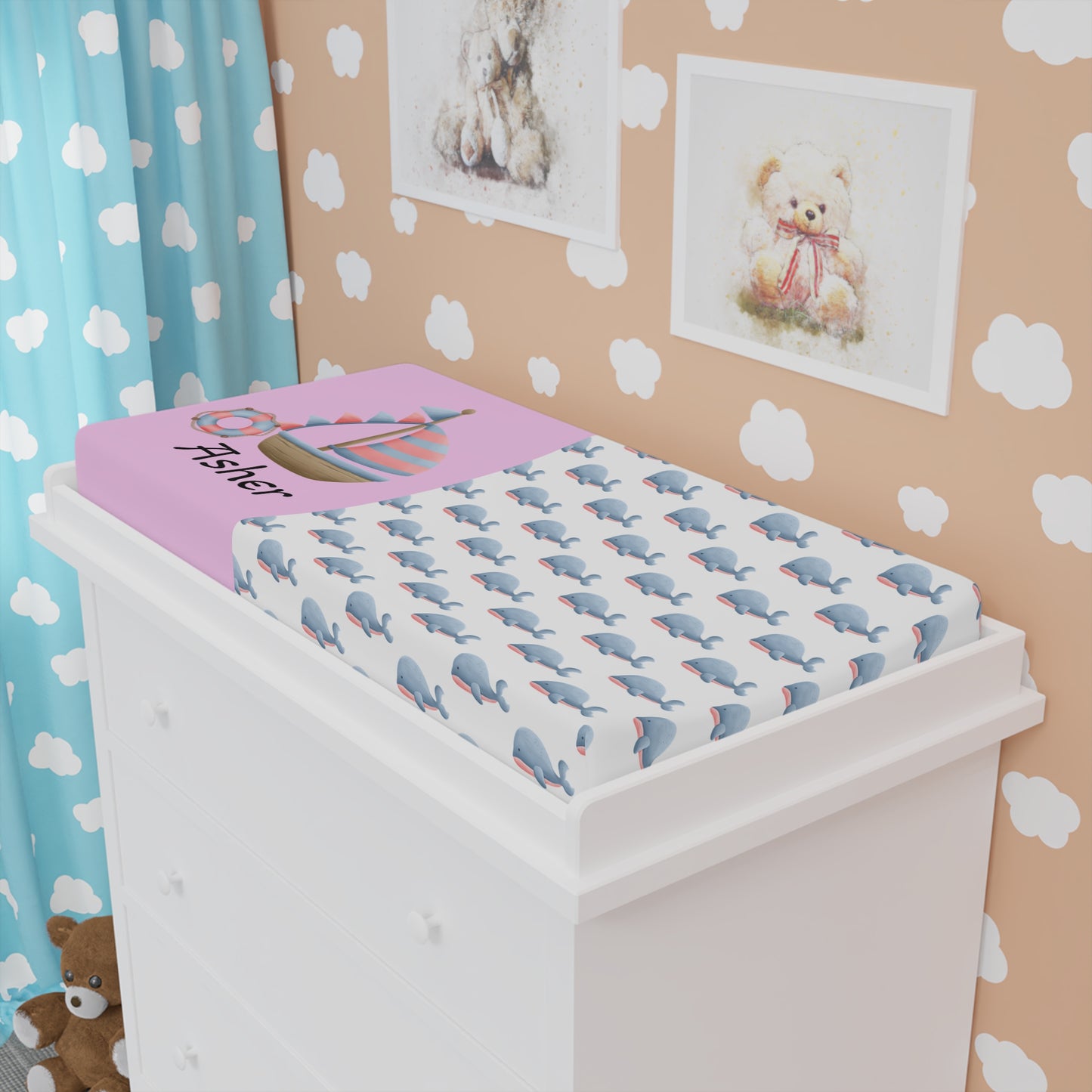Whale Pattern Baby Changing Pad Cover — Personalized Pink Name Panel (Nursery Shower Gift)