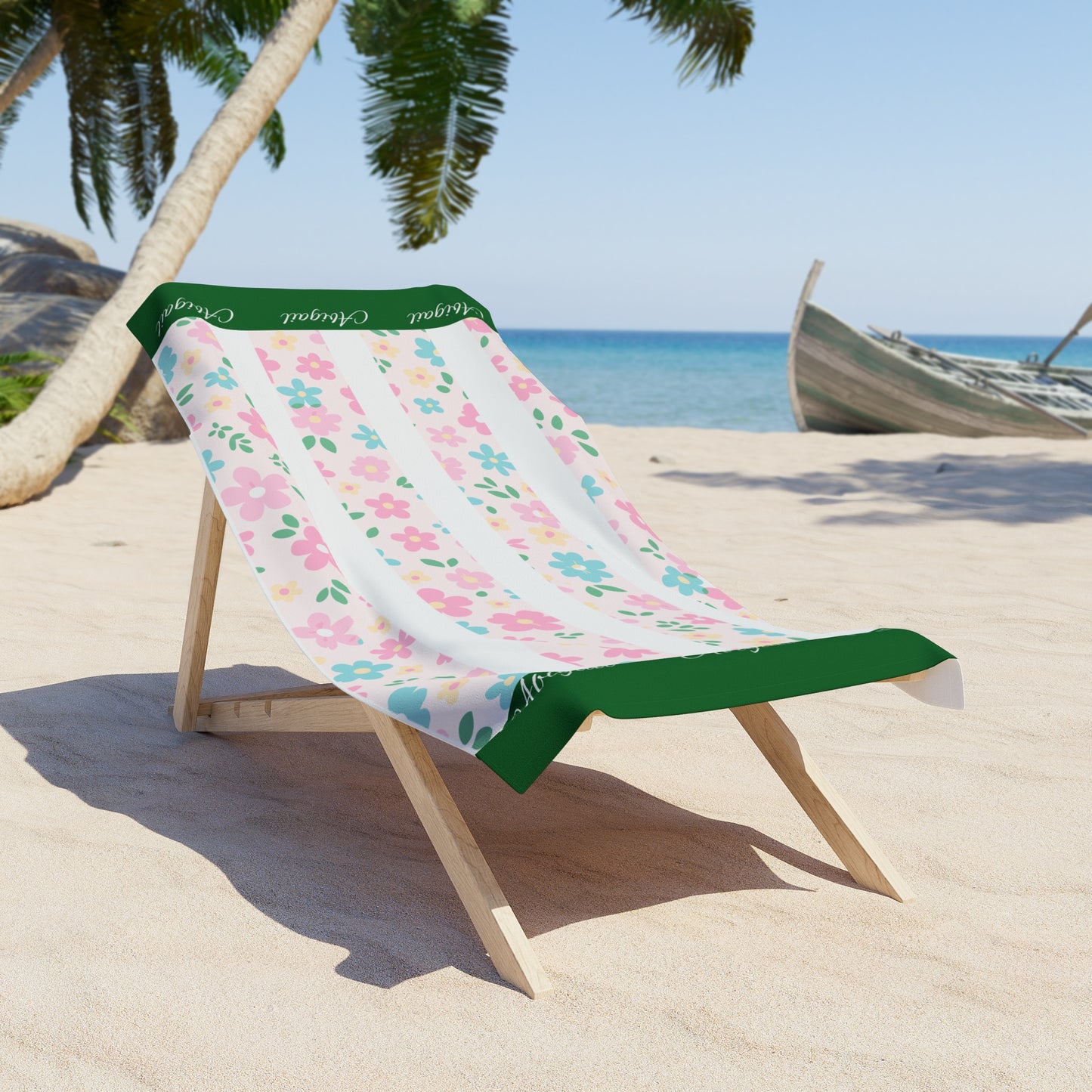 Floral Stripes Beach Towel – Pink & Mint Flowers with Green Trim