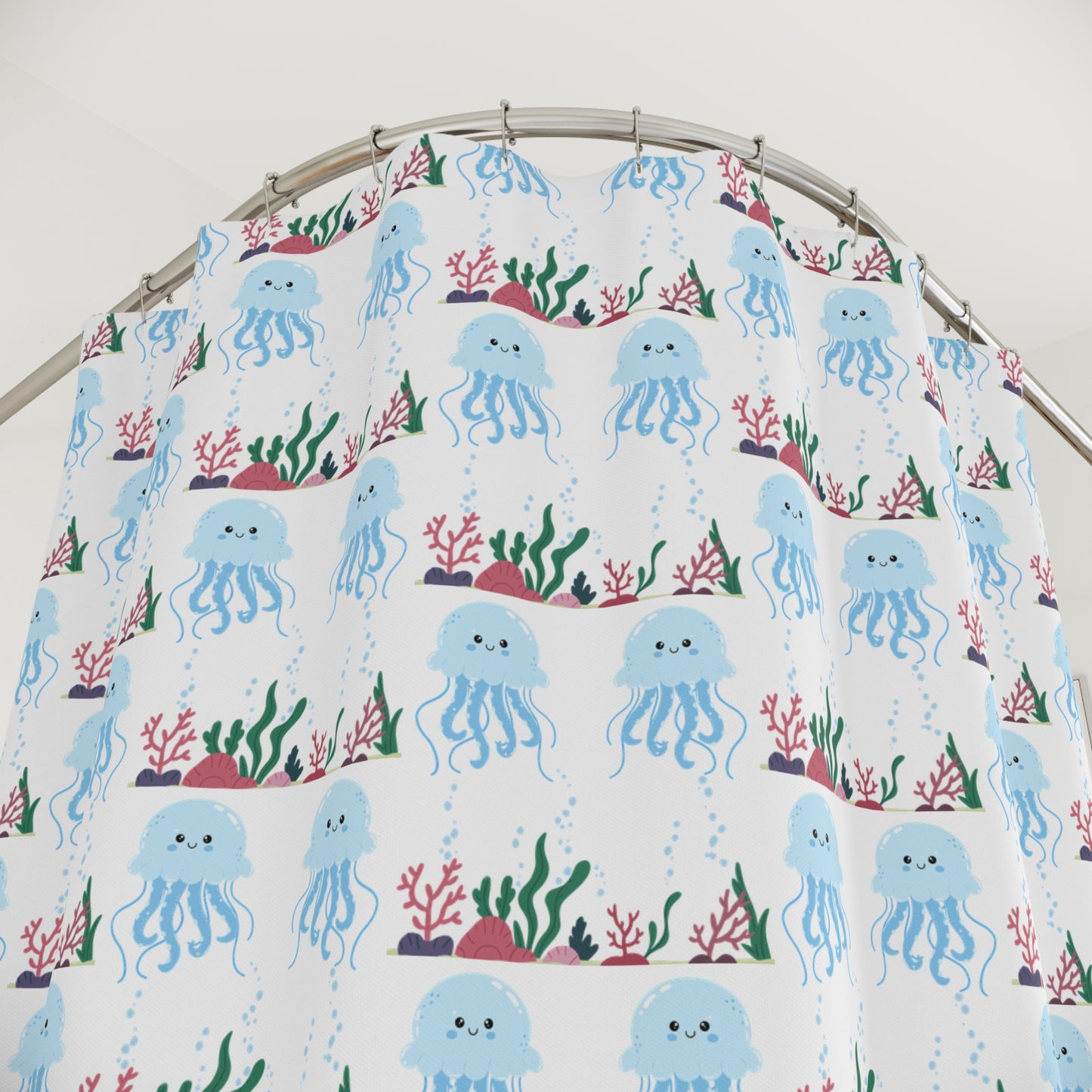 Cute Blue Jellyfish Shower Curtain — Kids Bathroom Ocean Theme with Seaweed Pattern