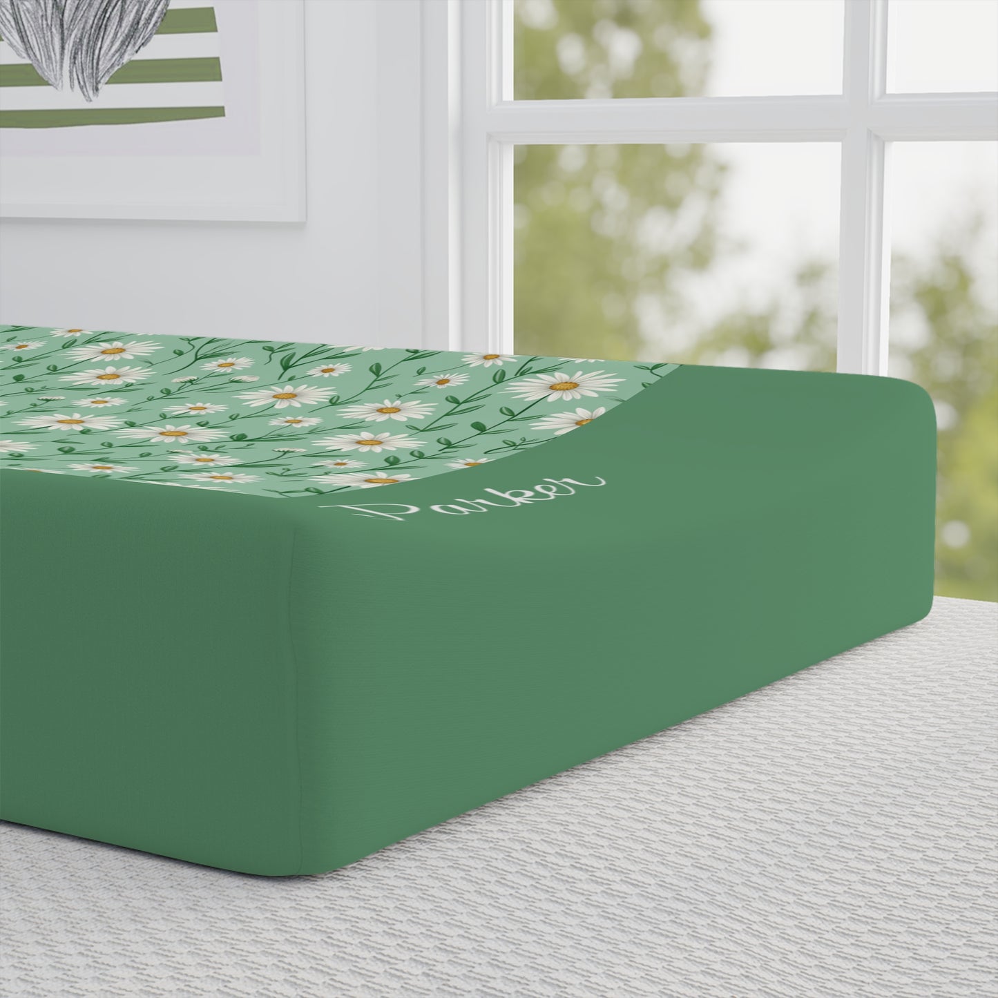 Daisy Meadow Baby Changing Pad Cover — Personalized Green Floral