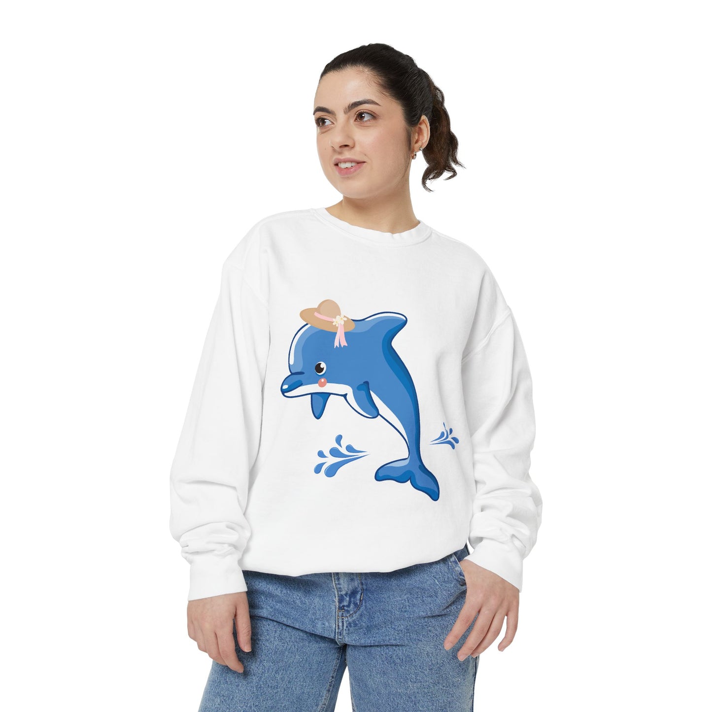 Dolphin wearing a straw hat with stylized water splashes Unisex Garment-Dyed Sweatshirt