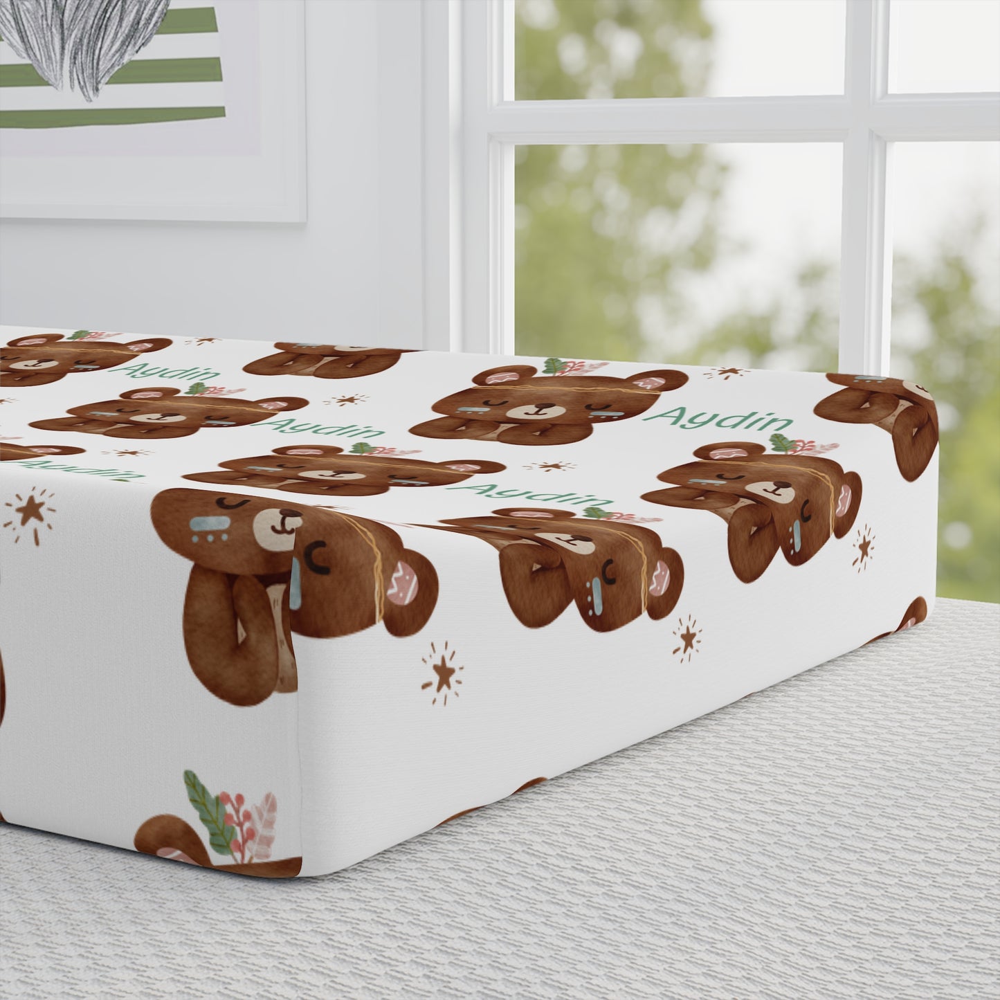 Personalized Bear Pattern Baby Changing Pad Cover — Custom Name Nursery Accessory