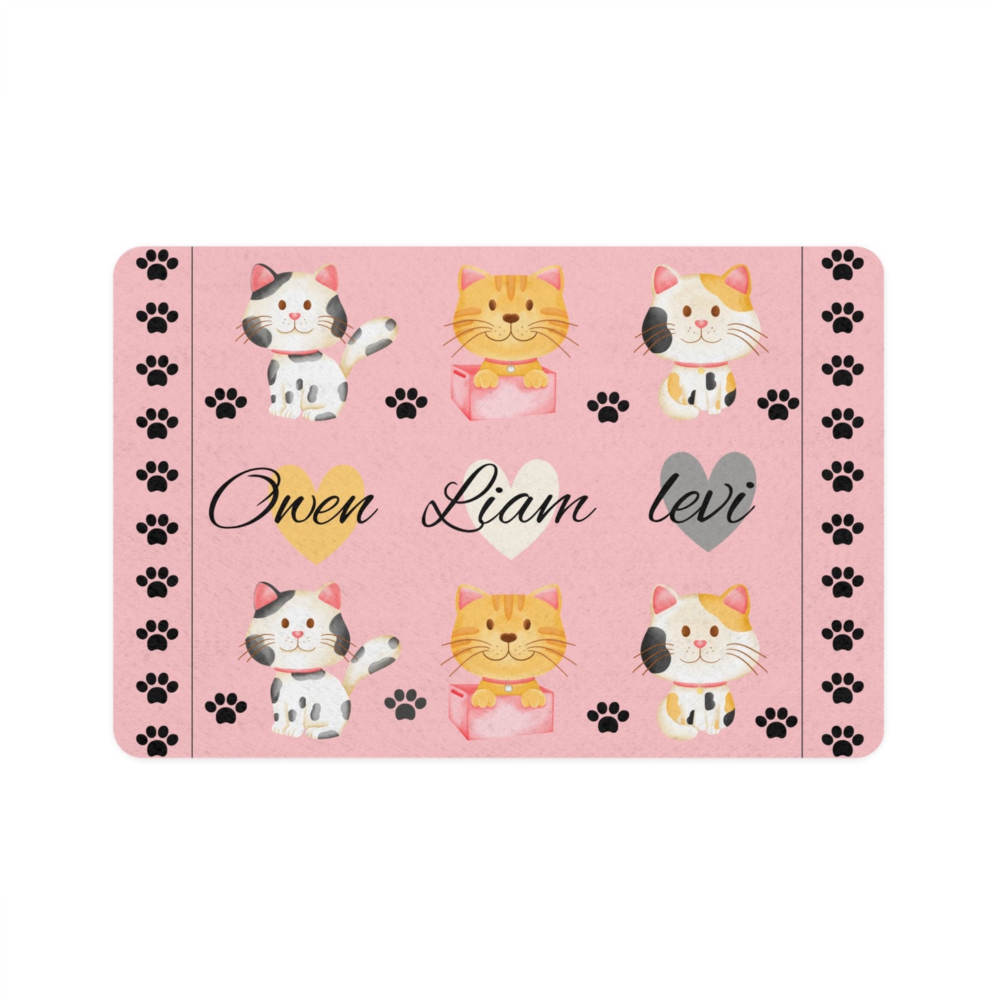 Personalized Pink Cat Paw Pet Food Mat — Custom Name Cat Placemat (12x18)