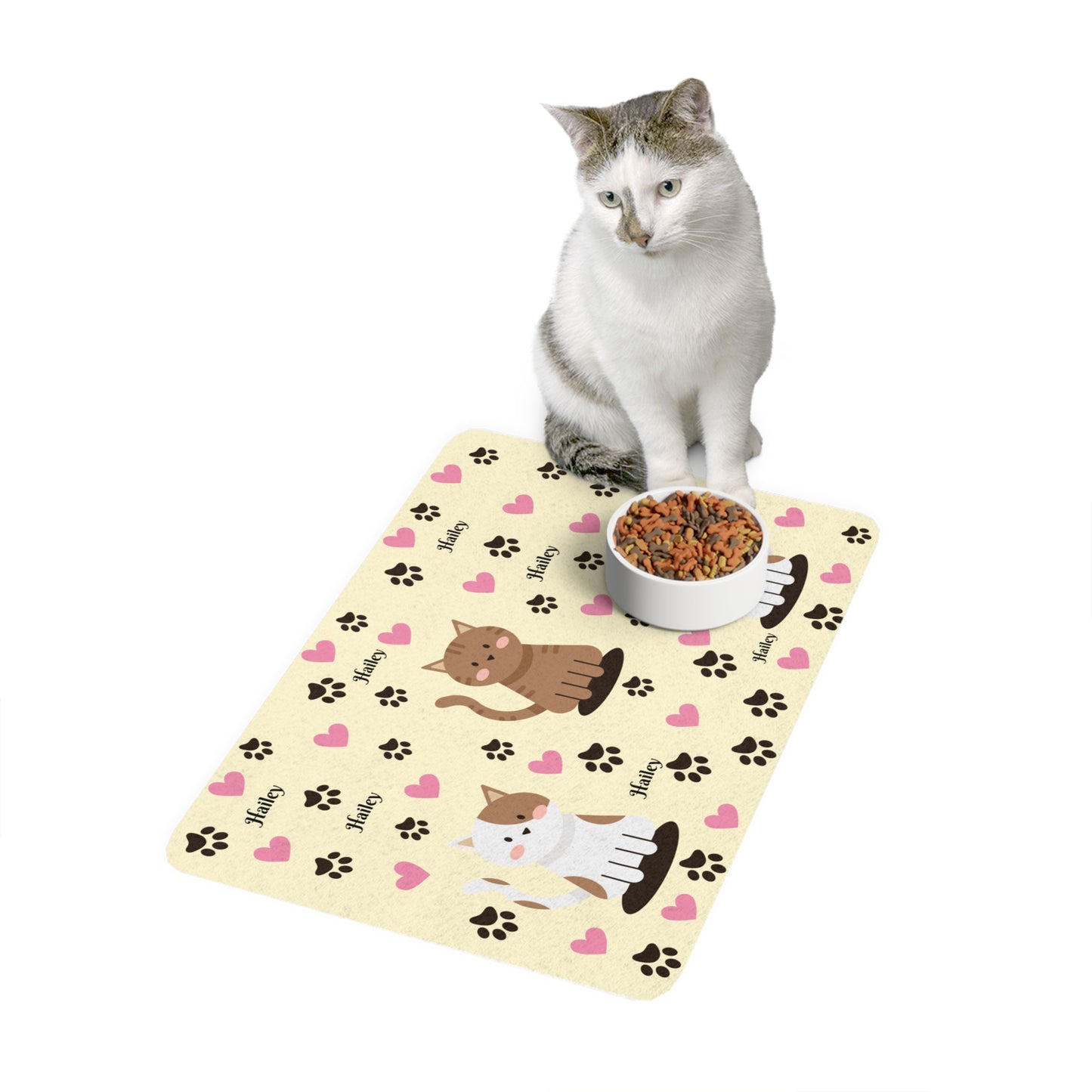Personalized Cat Paw Pet Food Mat (12x18) — Cute Heart & Name Design