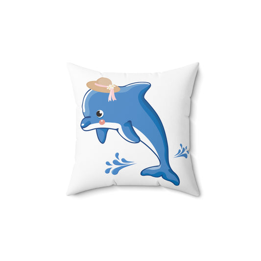 Dolphin wearing a straw hat with stylized water splashes Spun Polyester Square Pillow