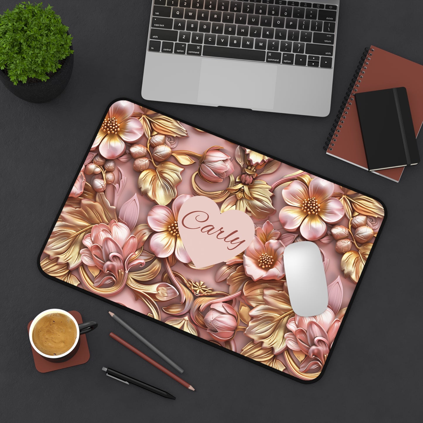 Personalized Floral Desk Mat — Rose Gold Heart Name Desk Pad