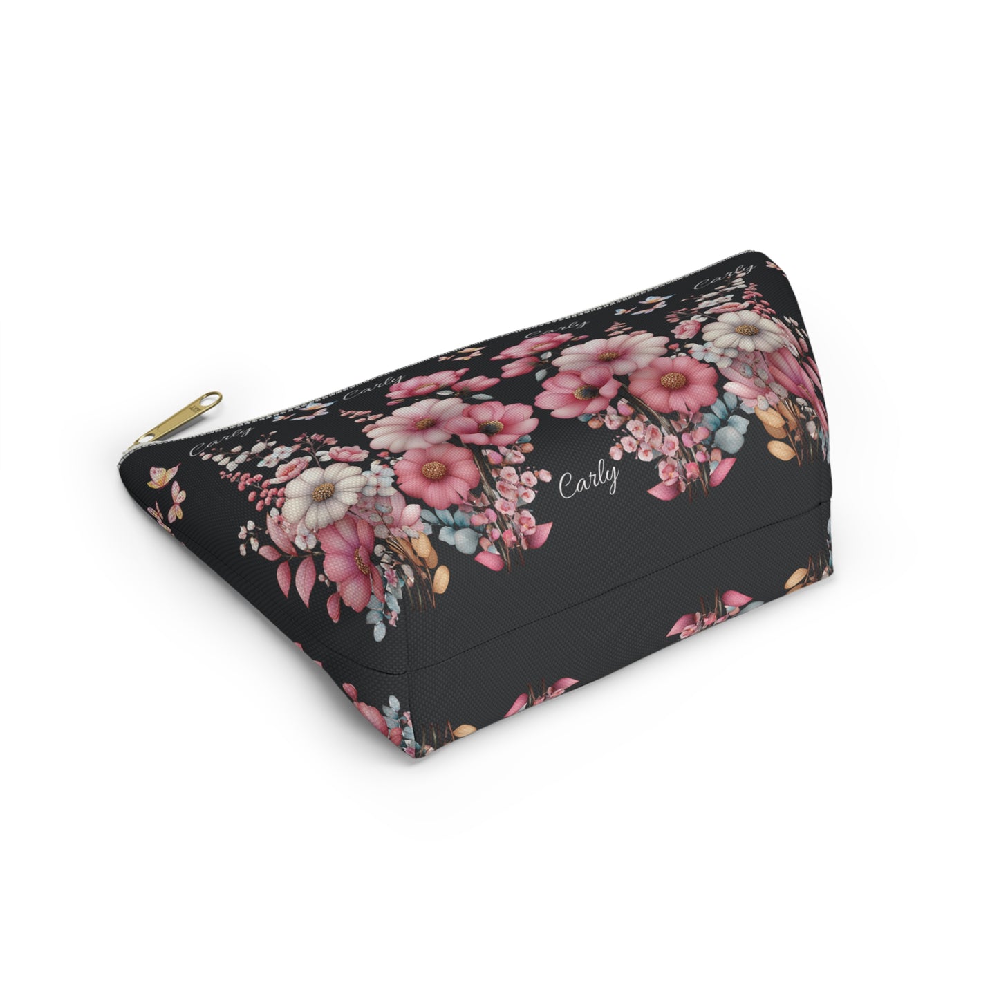Floral Cosmetic Pouch with Pink Blooms — Personalized 'Carly' Accessory Bag