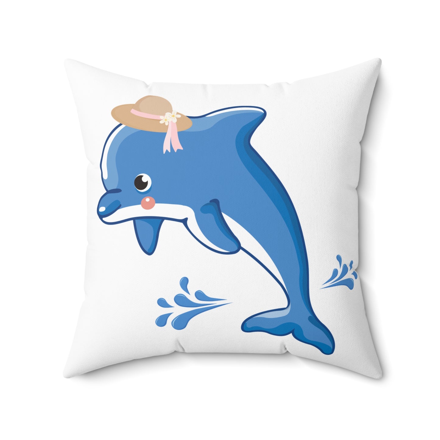 Dolphin wearing a straw hat with stylized water splashes Spun Polyester Square Pillow