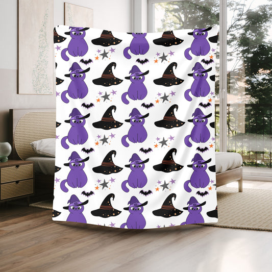 Cozy Halloween Velveteen Plush Blanket - Purple Cat Design, Soft Throw, Fall Decor, Gift for Cat Lovers, Spooky Season
