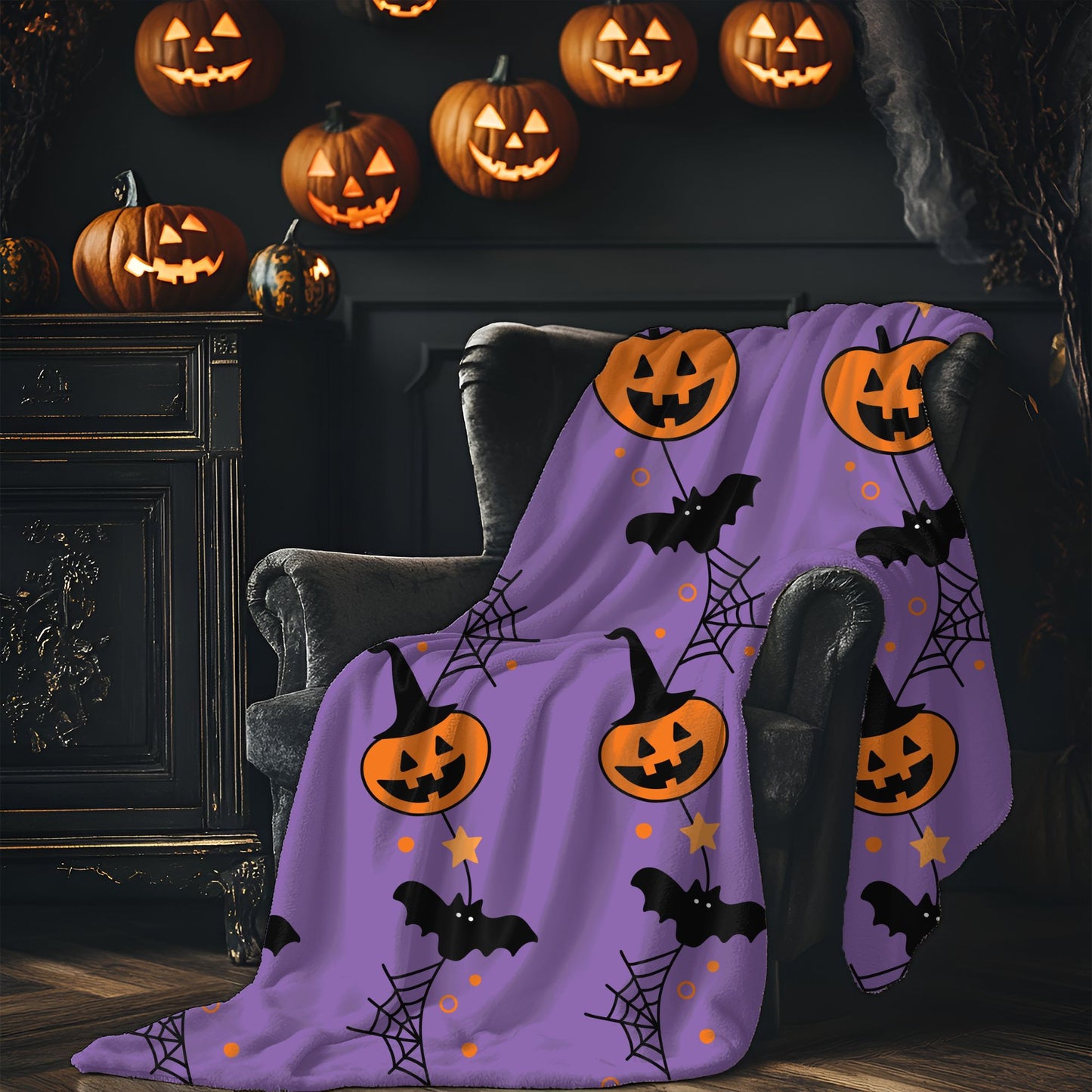 Halloween Velveteen Plush Blanket, Cozy Throw for Fall, Pumpkin and Bat Decor, Perfect for Spooky Season, Couch Blanket