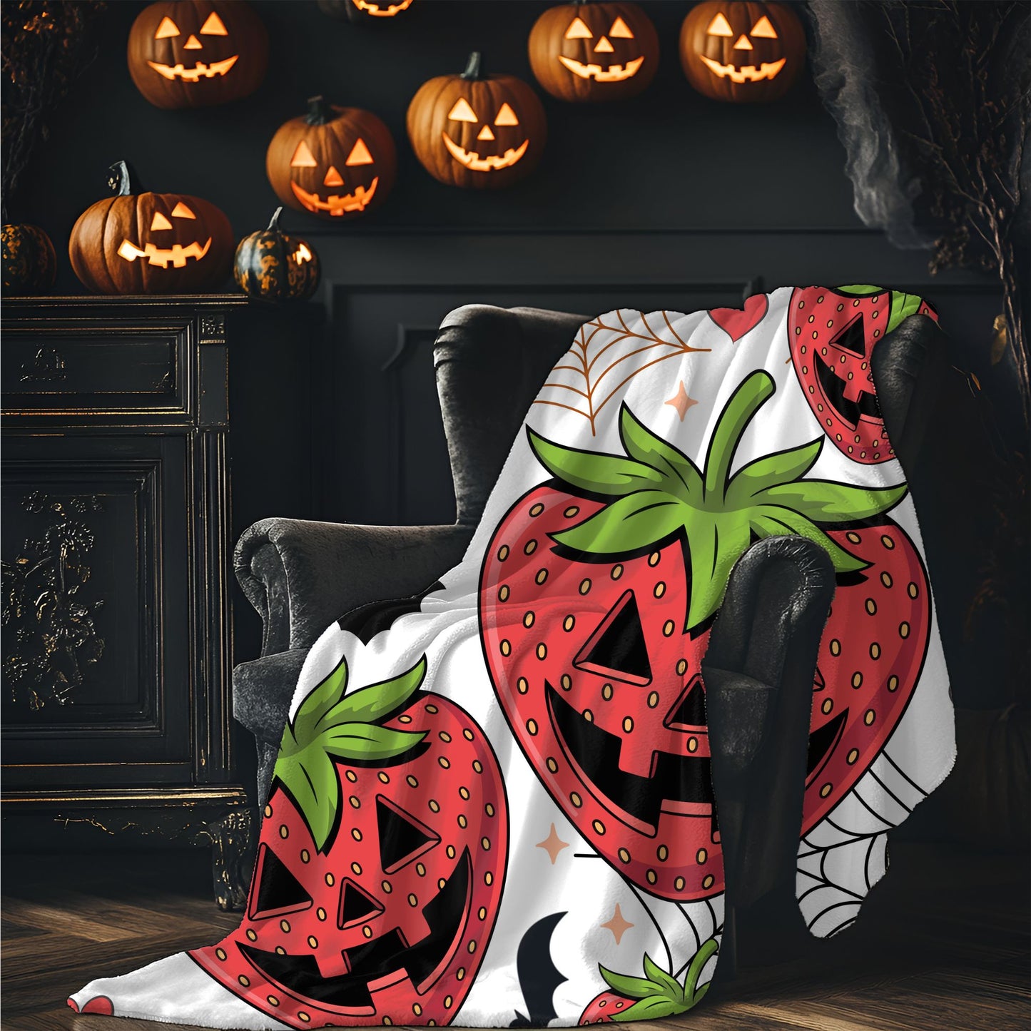 Halloween Strawberry Plush Blanket, Cozy Throw for Fall Decor, Cute Halloween Gift, Spooky Seasonal Blanket, Warm Home Accessory