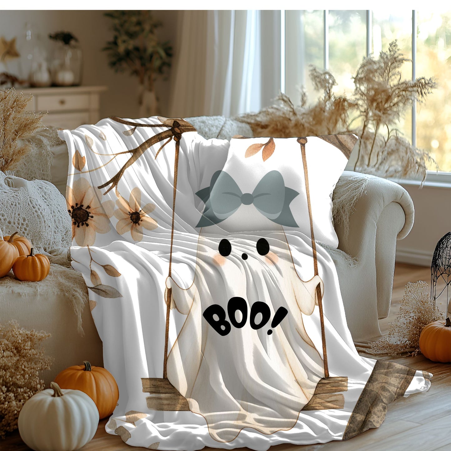 Cozy Halloween Velveteen Plush Blanket, Soft Throw for Fall Decor, Boo Ghost Design, Perfect for Movie Nights & Gifts