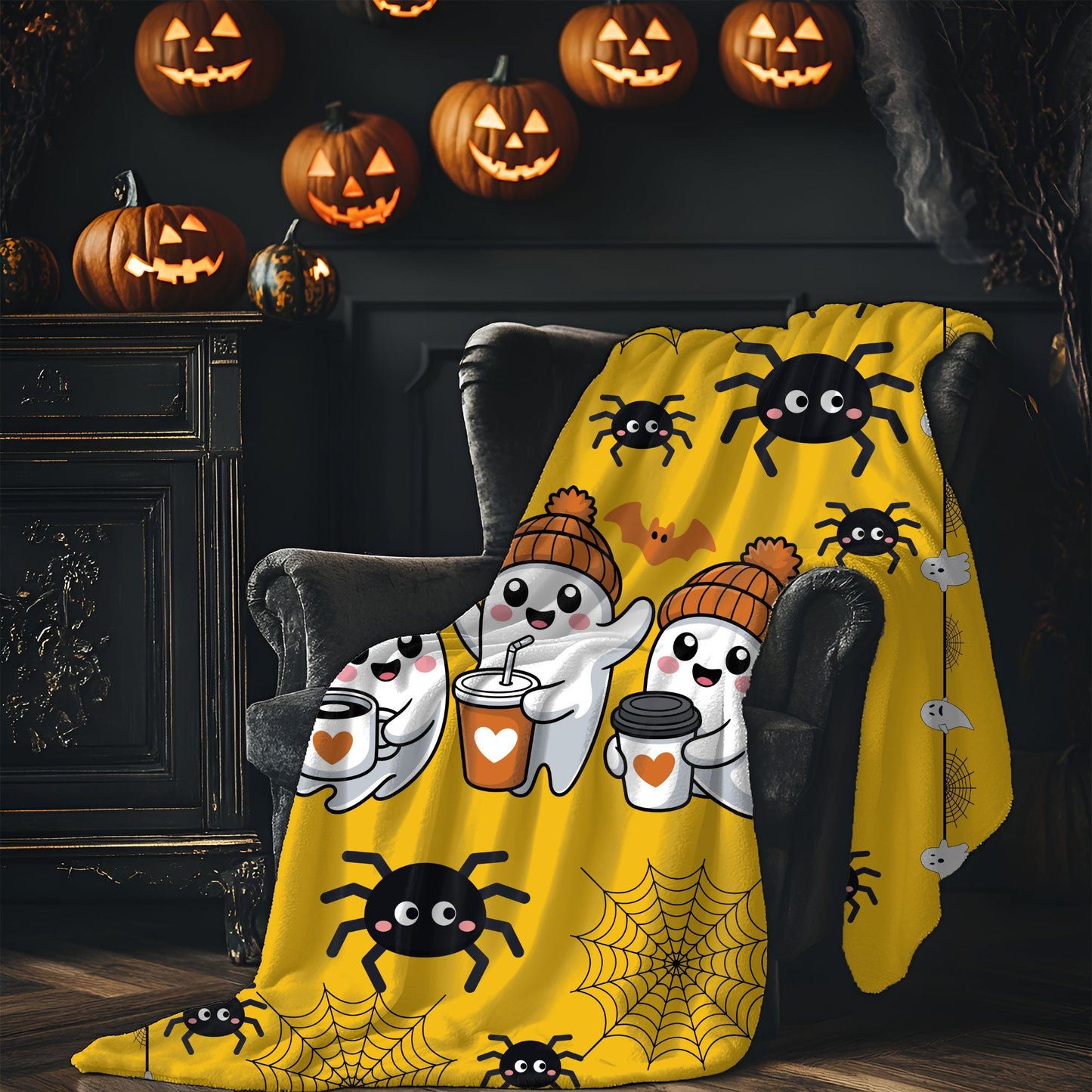 Cozy Halloween Velveteen Plush Blanket for Spooky Nights, Ghosts and Spiders Design, Perfect for Fall Decor, Gift, and Movie Nights
