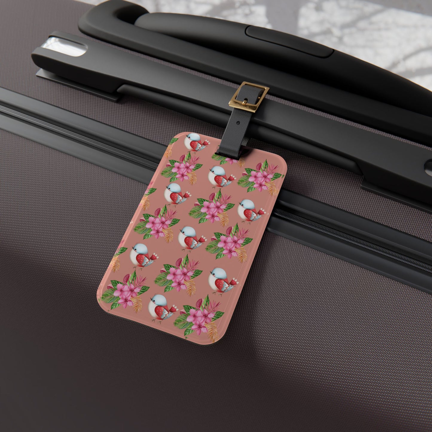 Floral Chickadee Luggage Tag — Cute Pink Bird & Blossom Travel ID