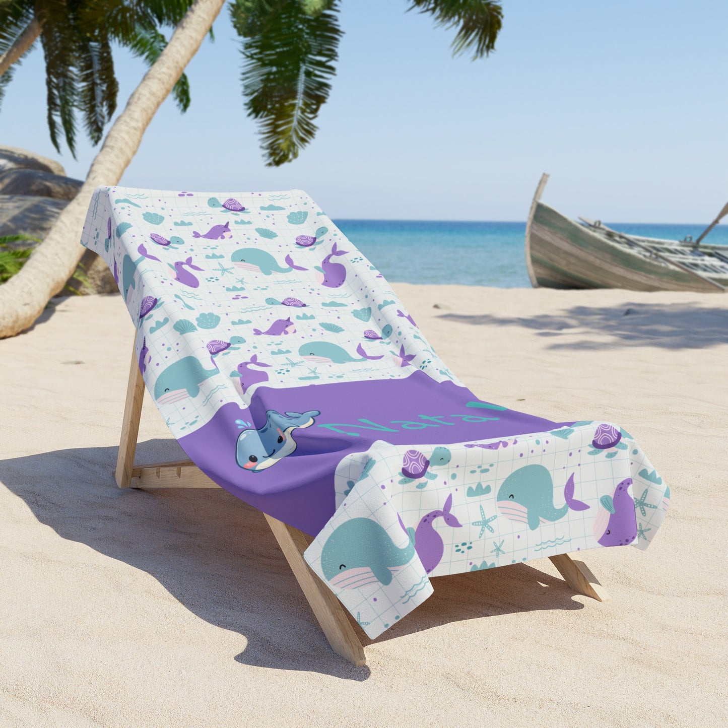 Personalized Narwhal Beach Towel — Cute Purple & Teal Kids Towel with Name