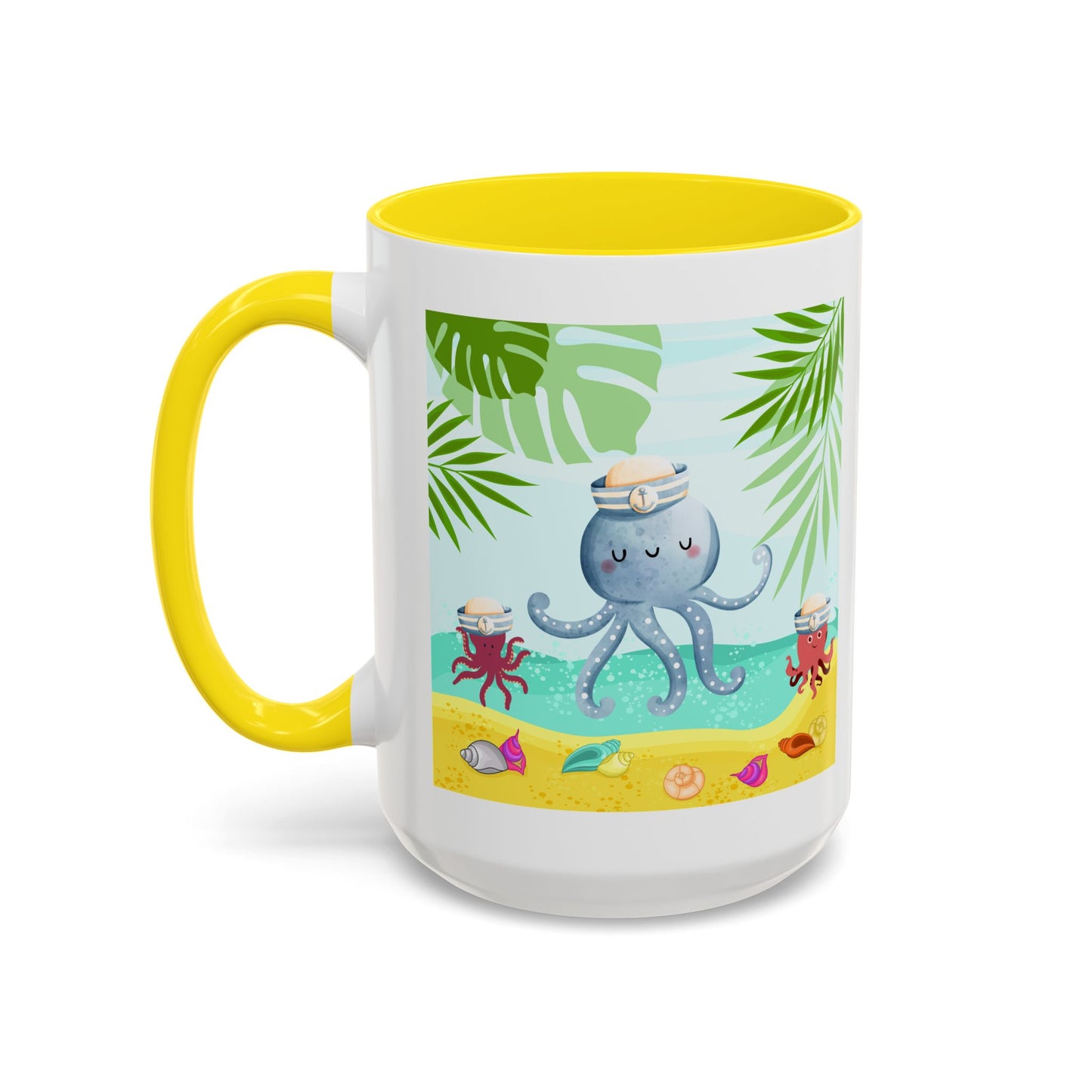 Octopus on a beach scene with tropical Coffee Mug