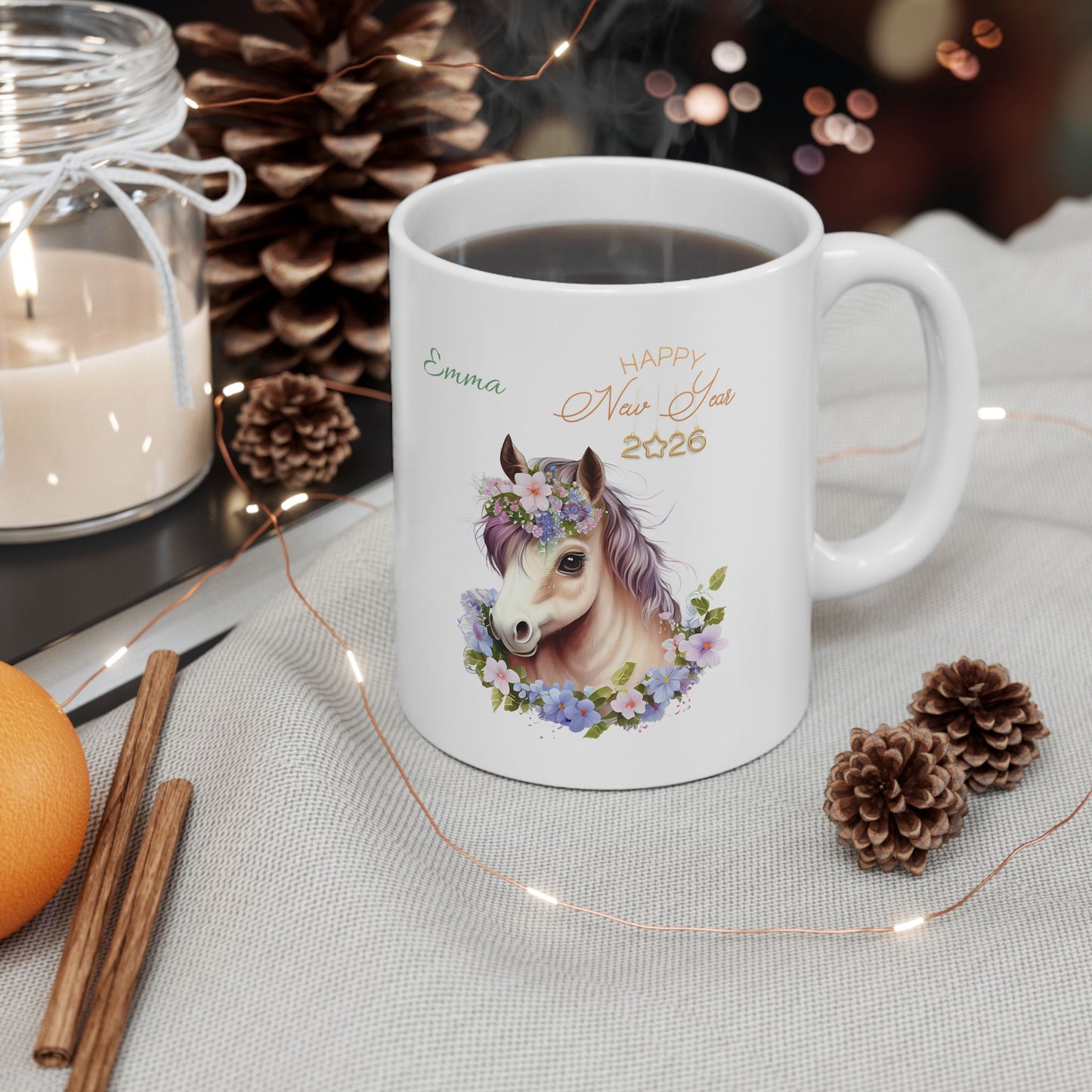 Floral Horse Ceramic Mug – Personalized "Emma" Coffee Cup (11oz & 15oz)