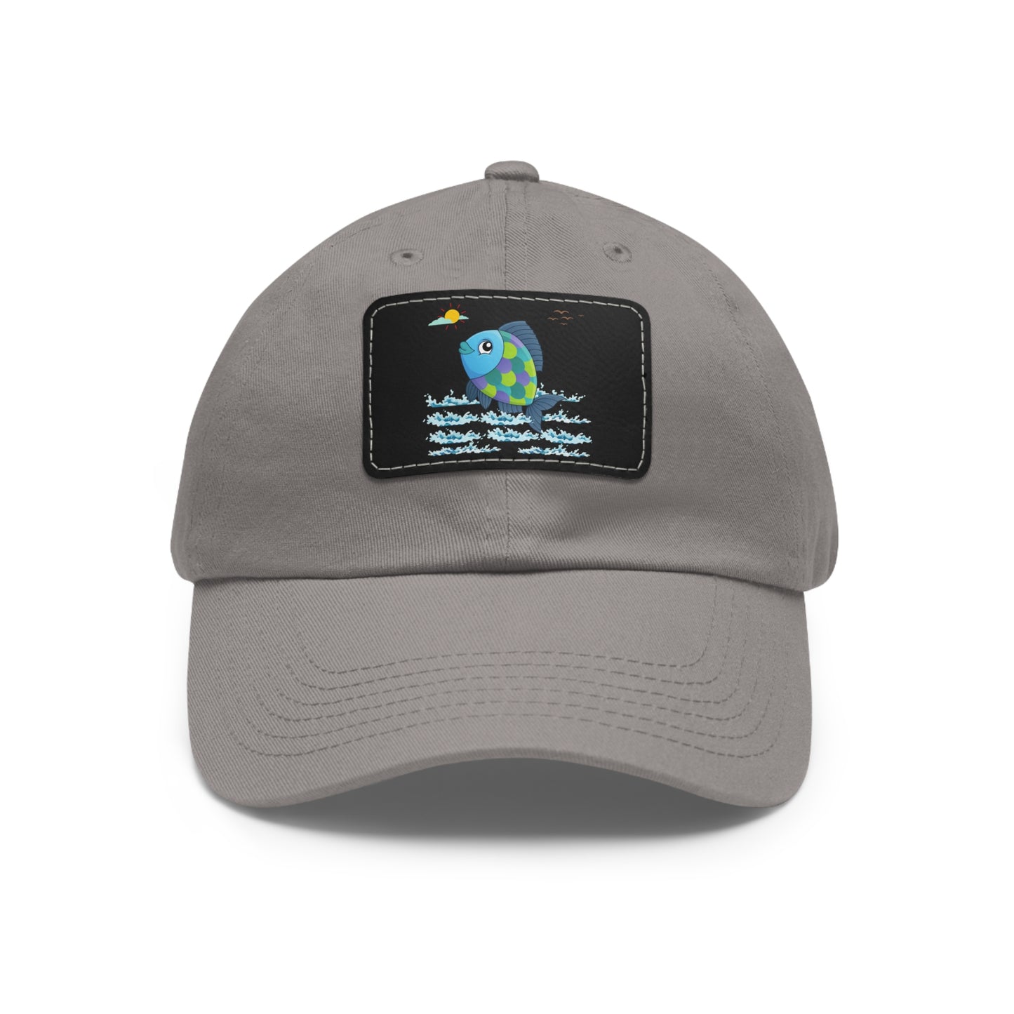 Fish with a sun and birds in the sky above water Dad Hat with Leather Patch (Rectangle)