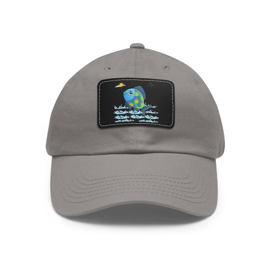 Fish with a sun and birds in the sky above water Dad Hat with Leather Patch (Rectangle)