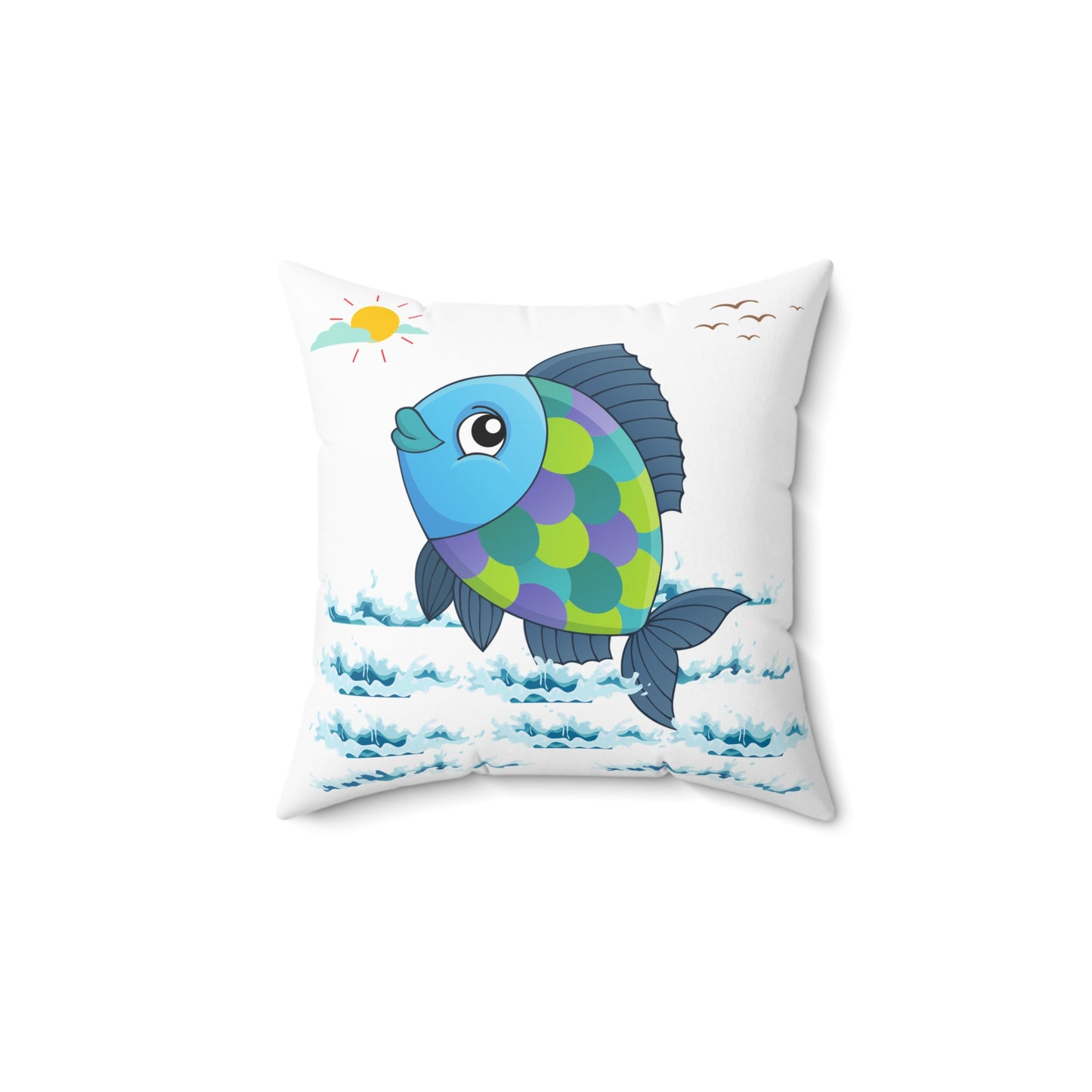 Fish with a sun and birds in the sky above water Spun Polyester Square Pillow