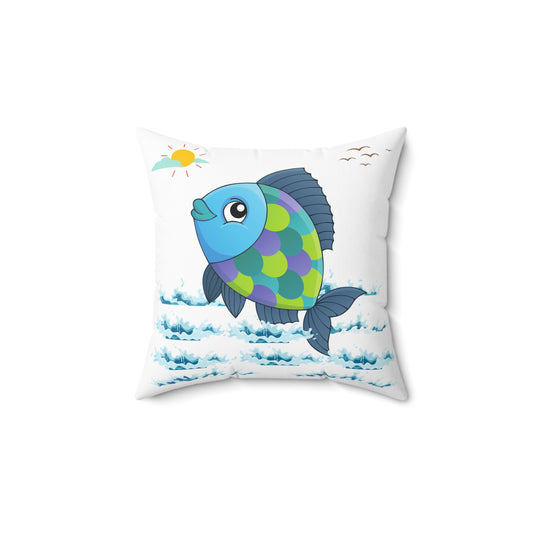 Fish with a sun and birds in the sky above water Spun Polyester Square Pillow