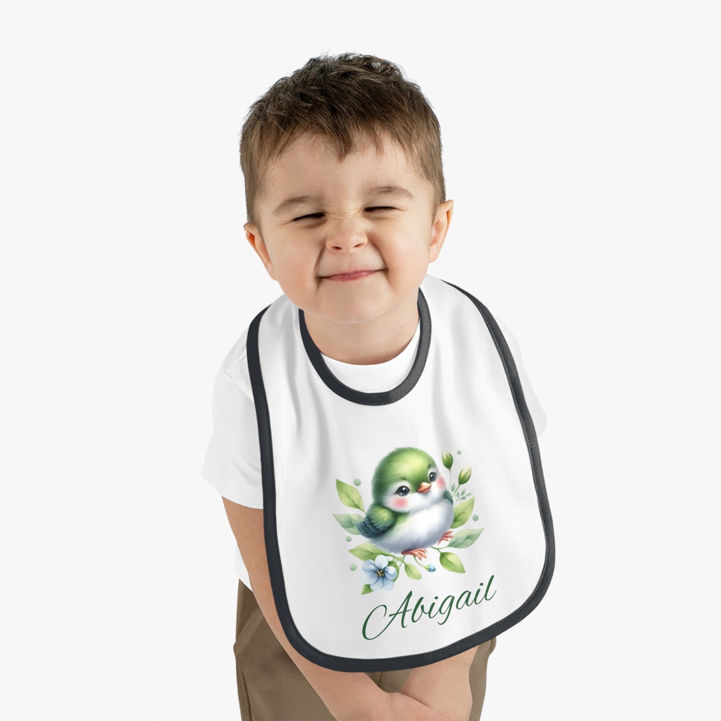 Personalized Baby Bib — Green Watercolor Bird with Name