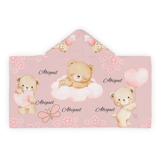 Personalized Baby Bear Hooded Towel – Pink Name Cuddle Design
