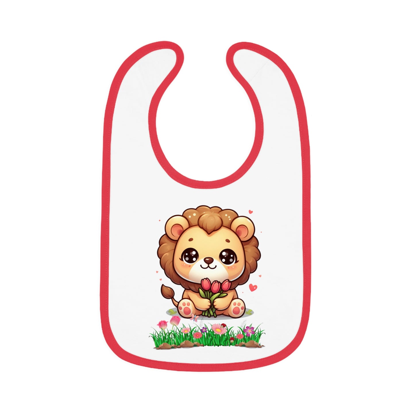 Baby Bib — Cute Lion Holding Flowers, Contrast Trim Infant Feeding Bib