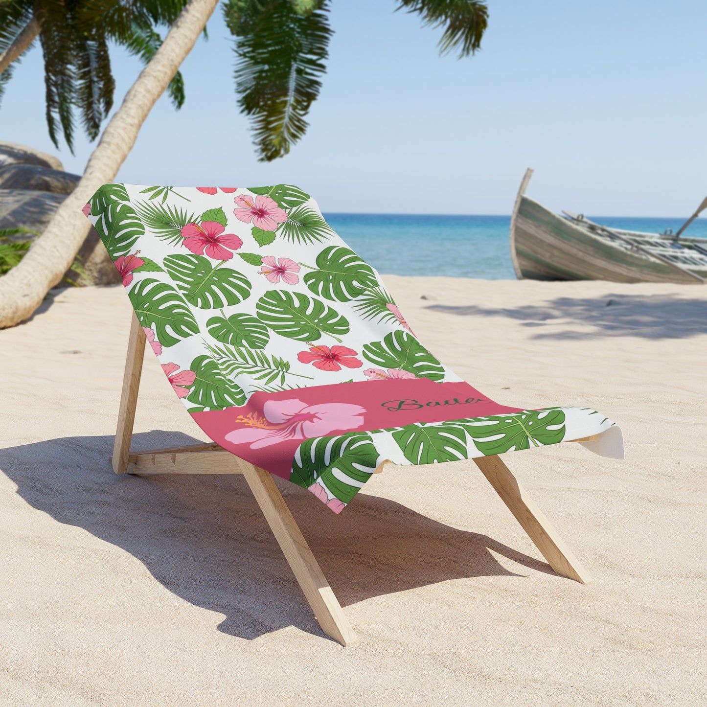 Personalized Tropical Hibiscus Beach Towel – Monstera Leaf & Pink Floral Design