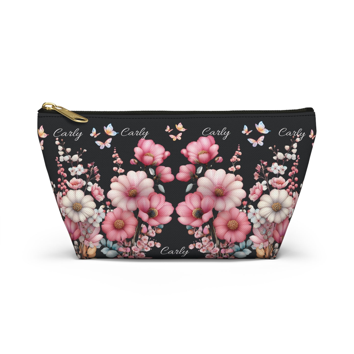 Floral Cosmetic Pouch with Pink Blooms — Personalized 'Carly' Accessory Bag
