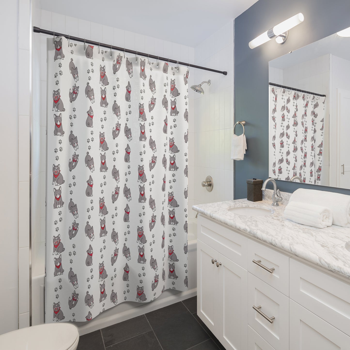 Shower Curtain — Cute Grey Husky Pattern with Red Bandana, Paw Print Bathroom Decor