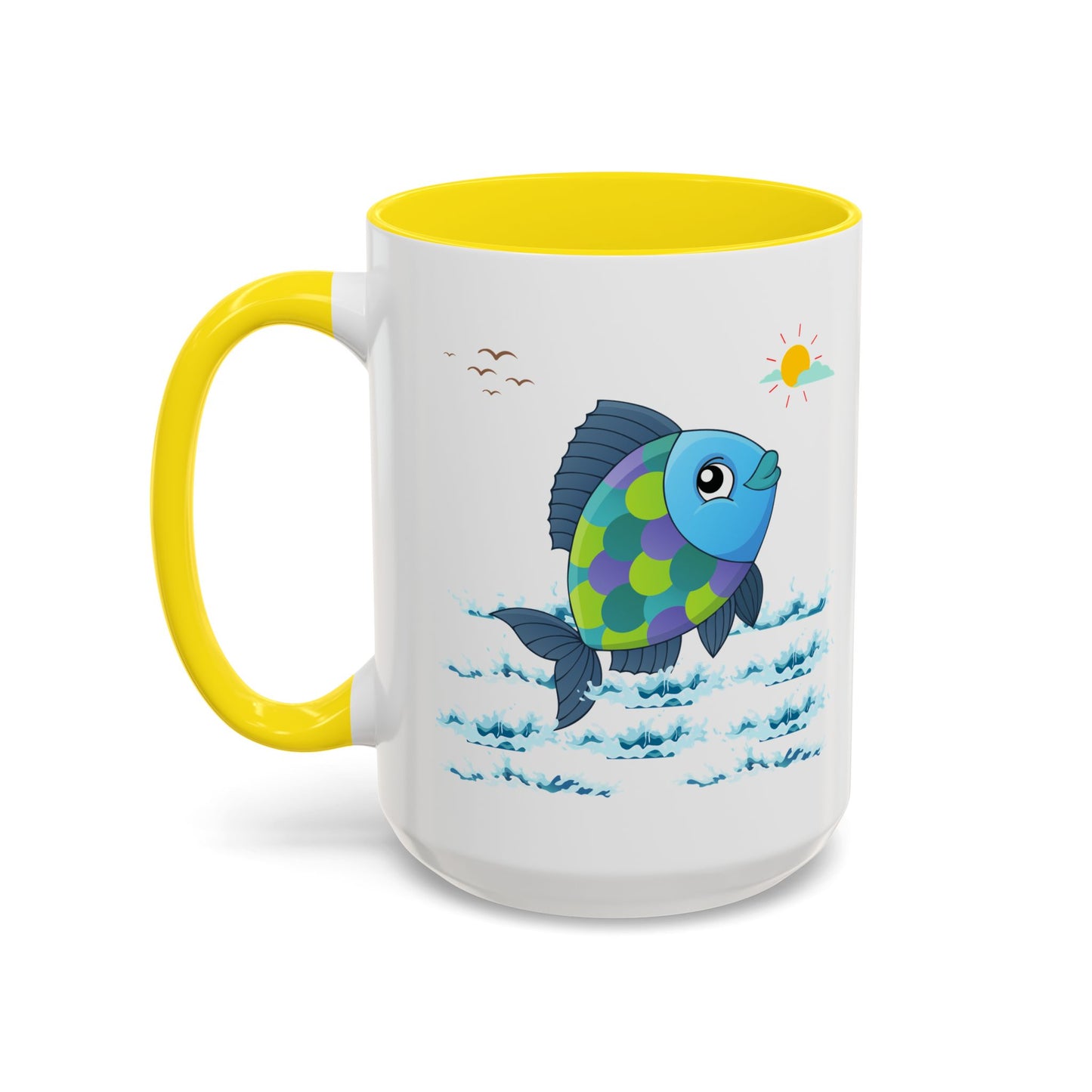 Fish with a sun and birds in the sky above water Coffee Mug