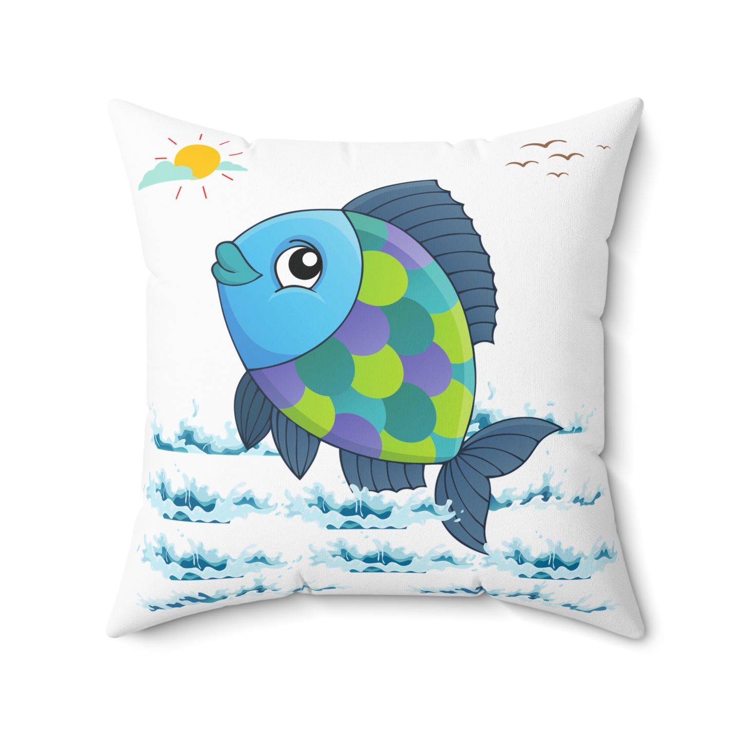 Fish with a sun and birds in the sky above water Spun Polyester Square Pillow