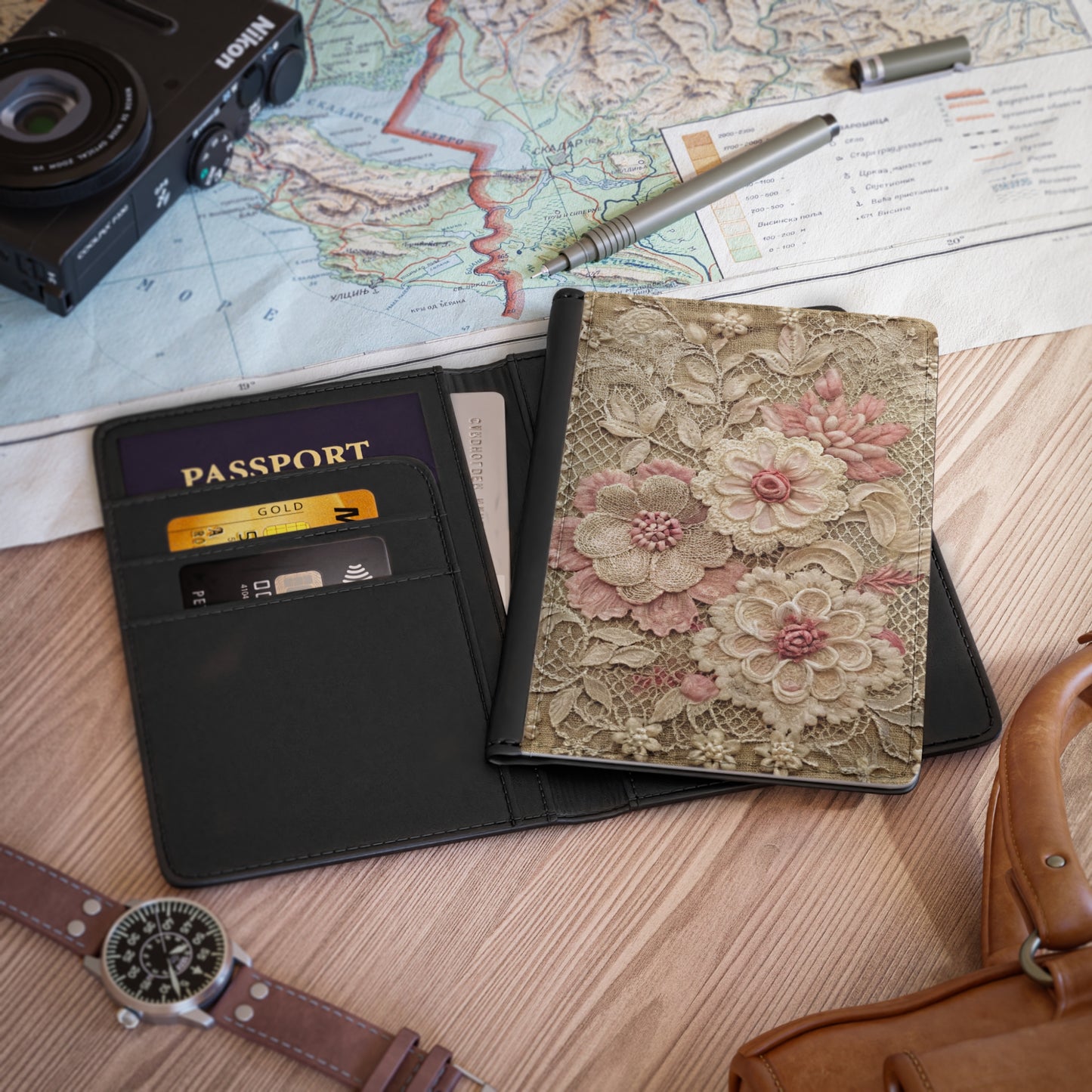 Vintage Lace Floral Passport Cover – Pink Embroidered Travel Wallet