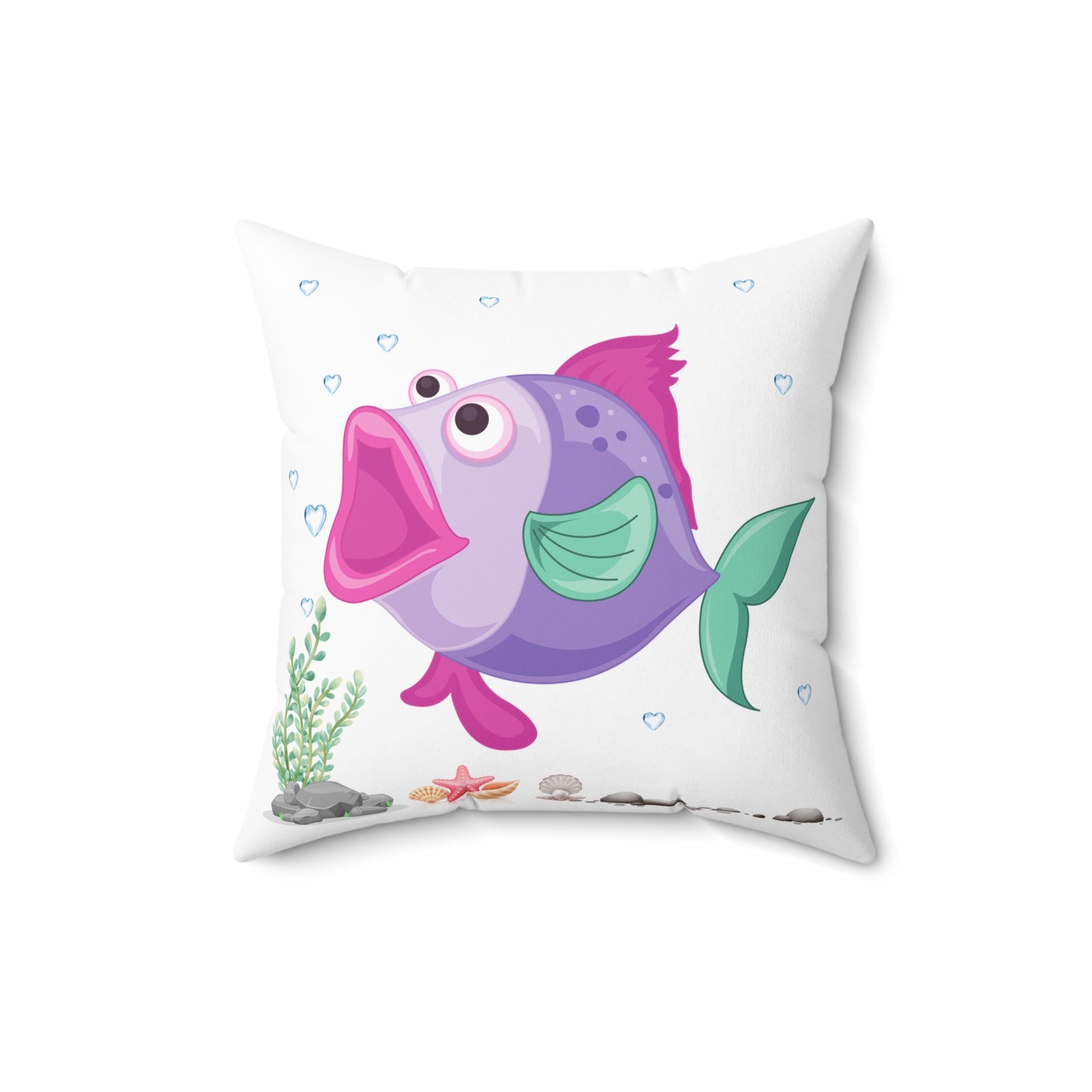 Fish with open mouth bubbles and underwater flora Spun Polyester Square Pillow