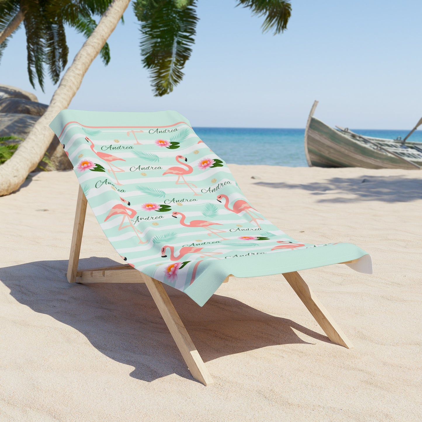 Personalized Flamingo Beach Towel — Mint Stripes, Tropical Flowers