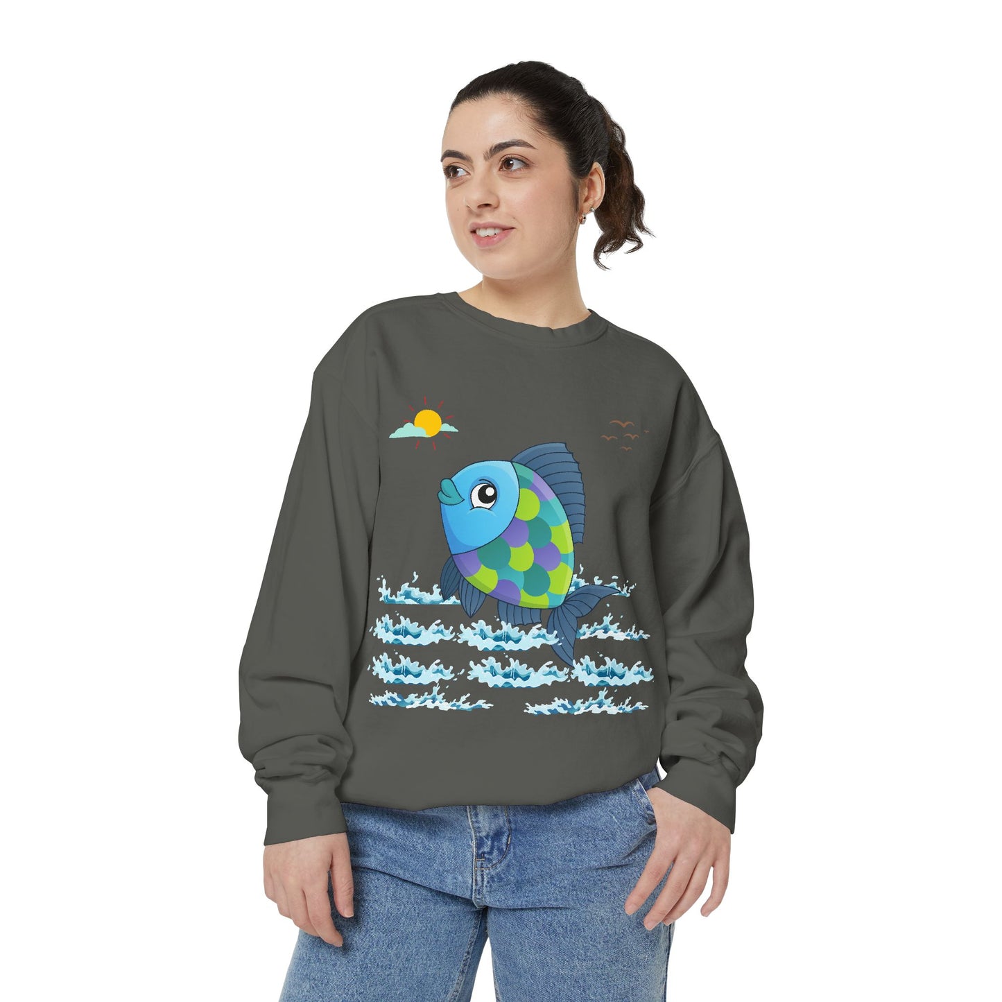 Fish with a sun and birds in the sky above water Unisex Garment-Dyed Sweatshirt
